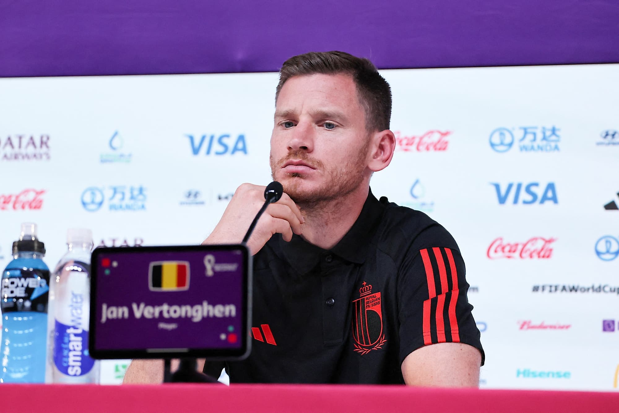 Le défenseur belge Jan Vertonghen a rencontré les médias, mardi à Doha, la veille de la rentrée de la Belgique contre le Canada.