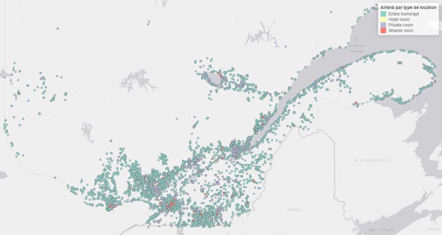Carte indiquant les logements disponibles sur Airbnb sur le territoire québécois