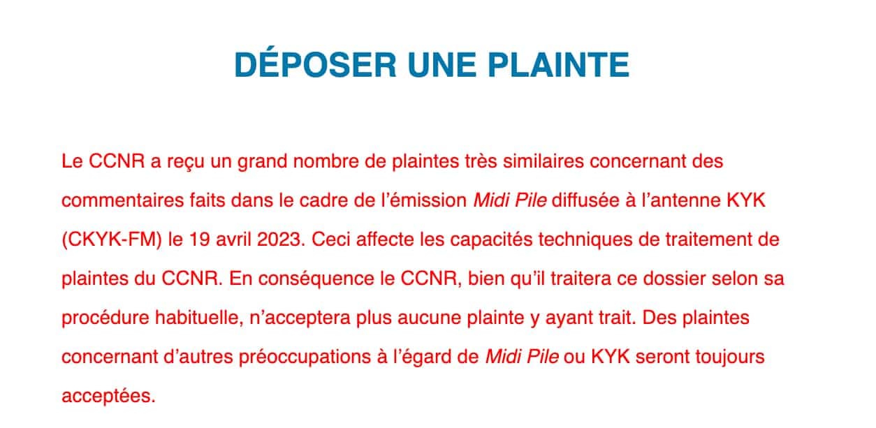 Capture d'écran du site du CCNR
