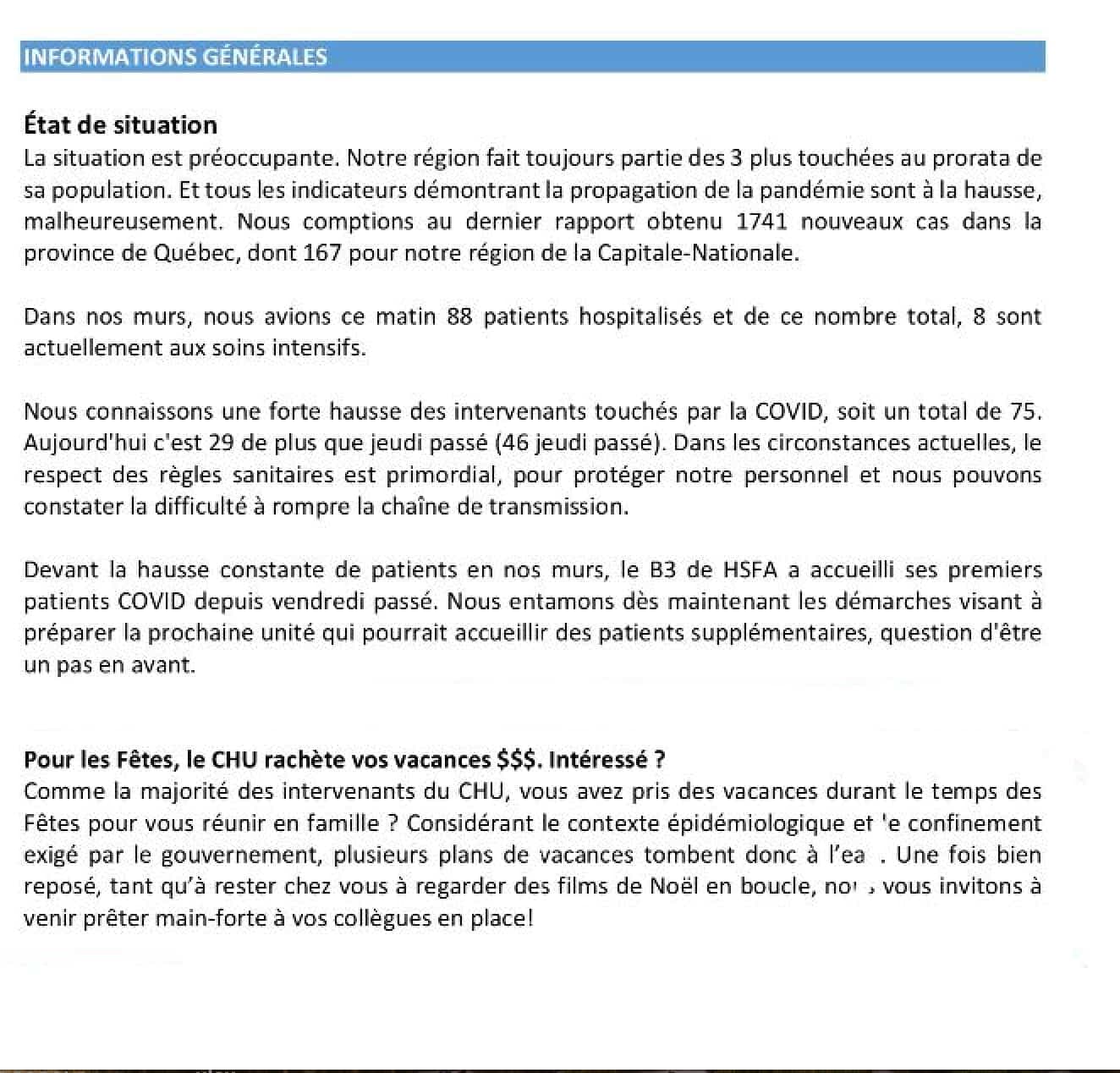 Le dernier paragraphe de ce message du CHU de Québec fait réagir chez les employés.