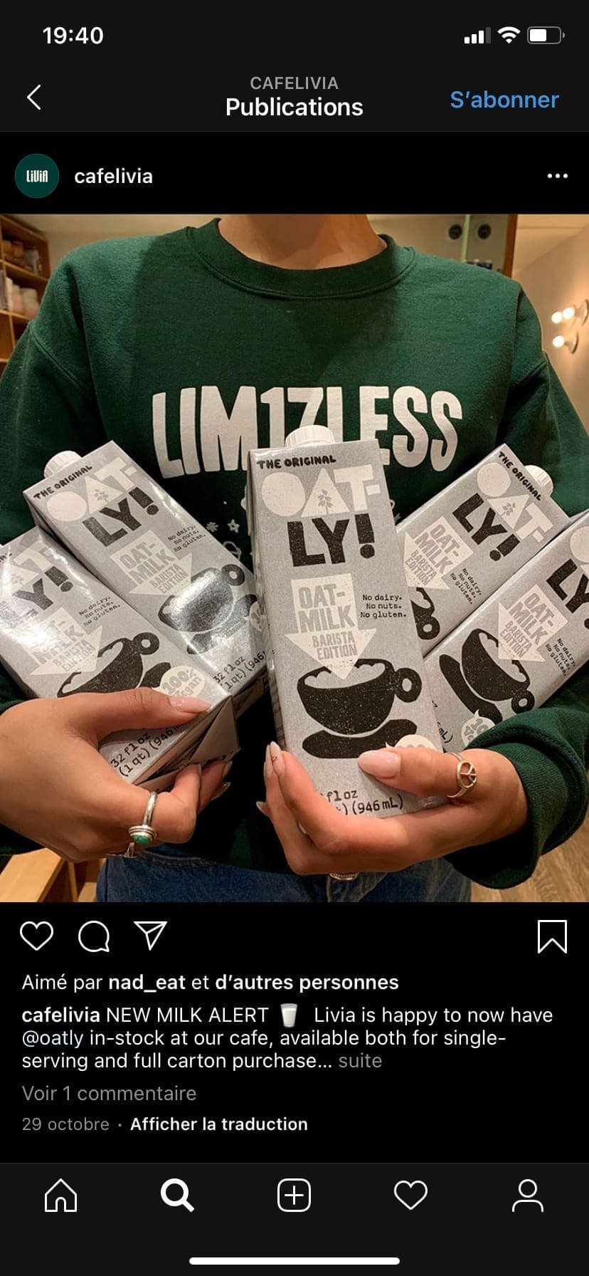 Capture d'écran du du compte Instagram du Café Livia