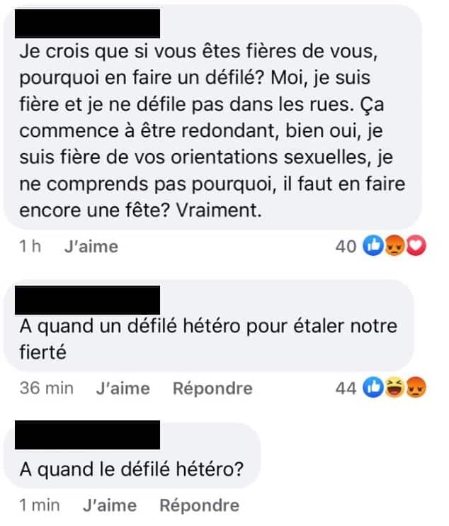 Des commentaires qu'on retrouvait sur Facebook suite à l'annulation du défilé de Fierté Montréal