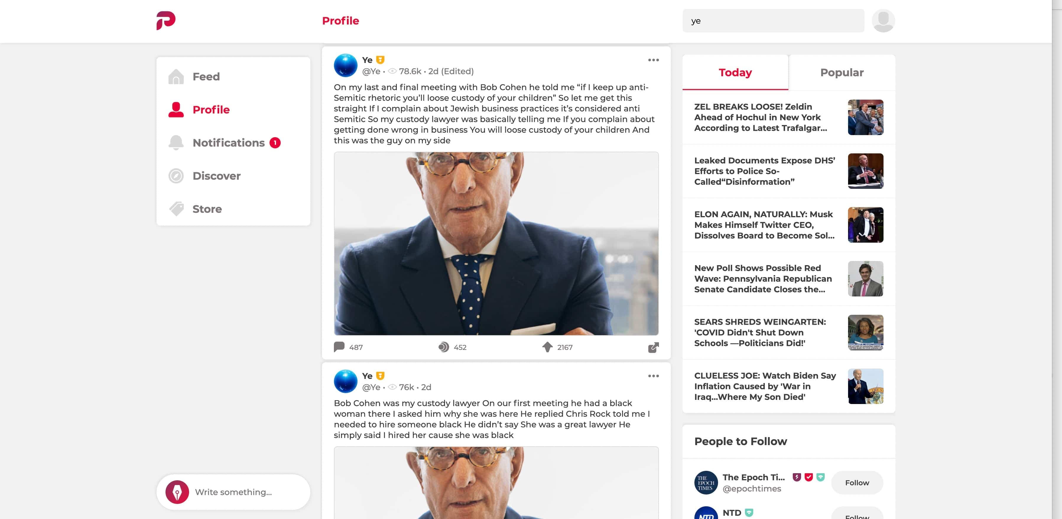 Deux publications à tendance antisémites de la part de Kanye West sur Parler, ici contre son ancien avocat Robert Cohen.