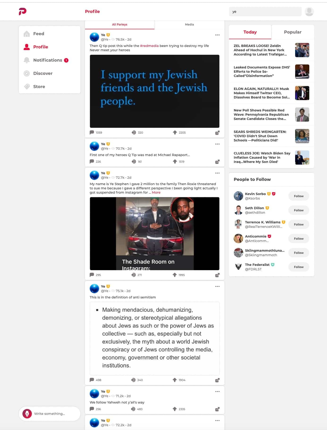 Enfilade de publications de Kanye West sur Parler.