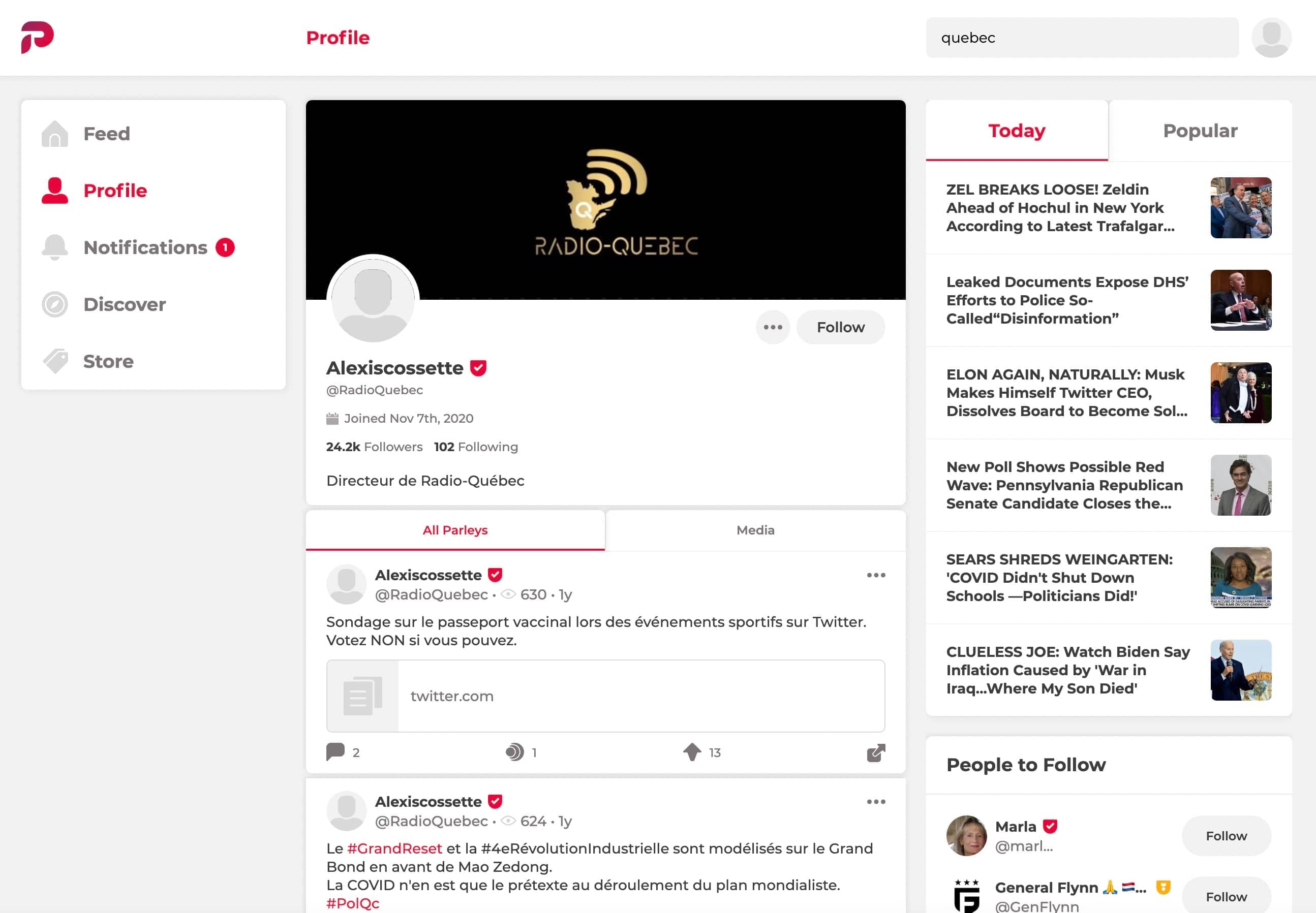Le compte d'Alexis Cossette-Trudel, conspirationniste notoire, sur Parler.