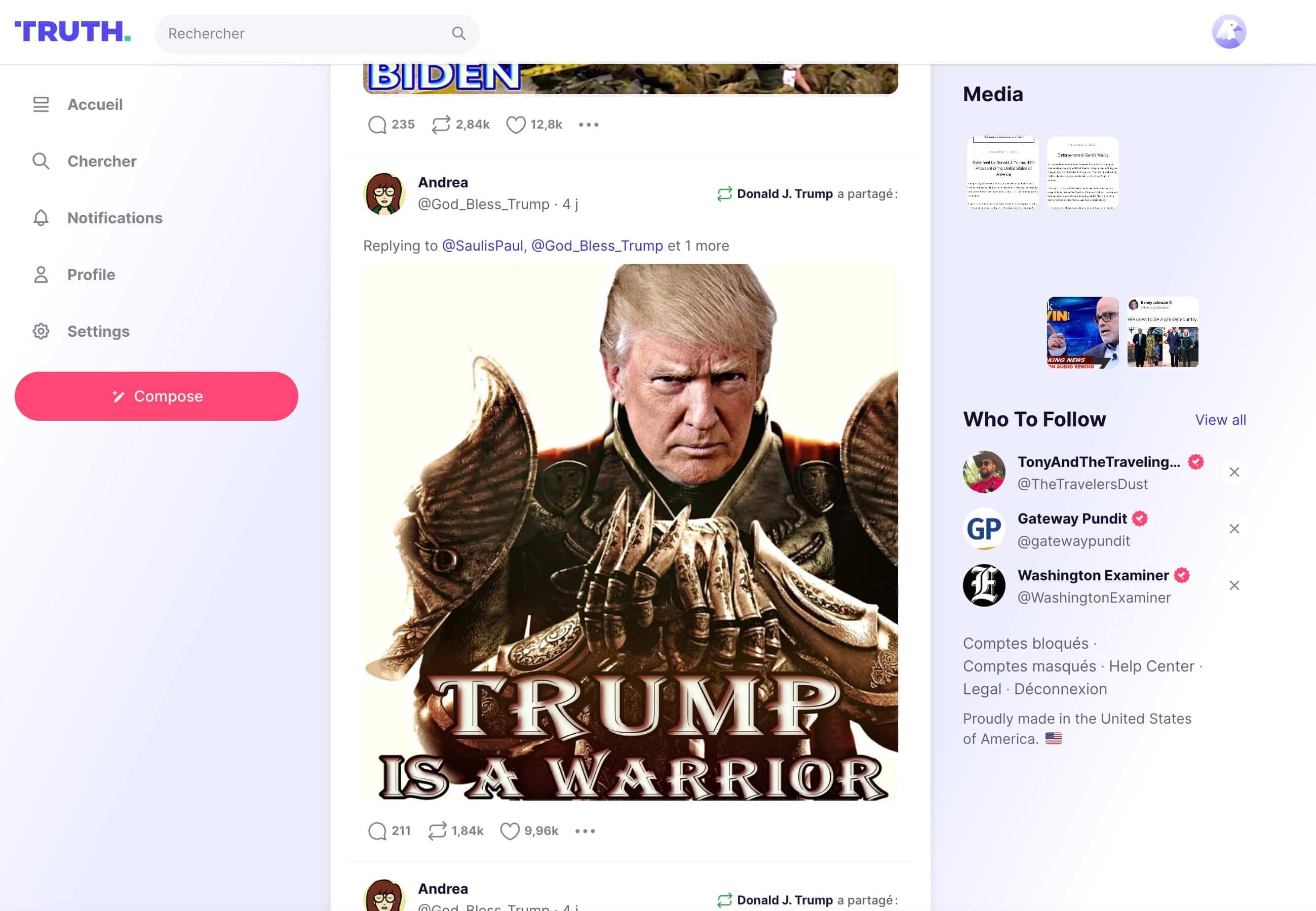 Un exemple des nombreux «retruthers» (des repartages) sur la page de l'ex-président américain.