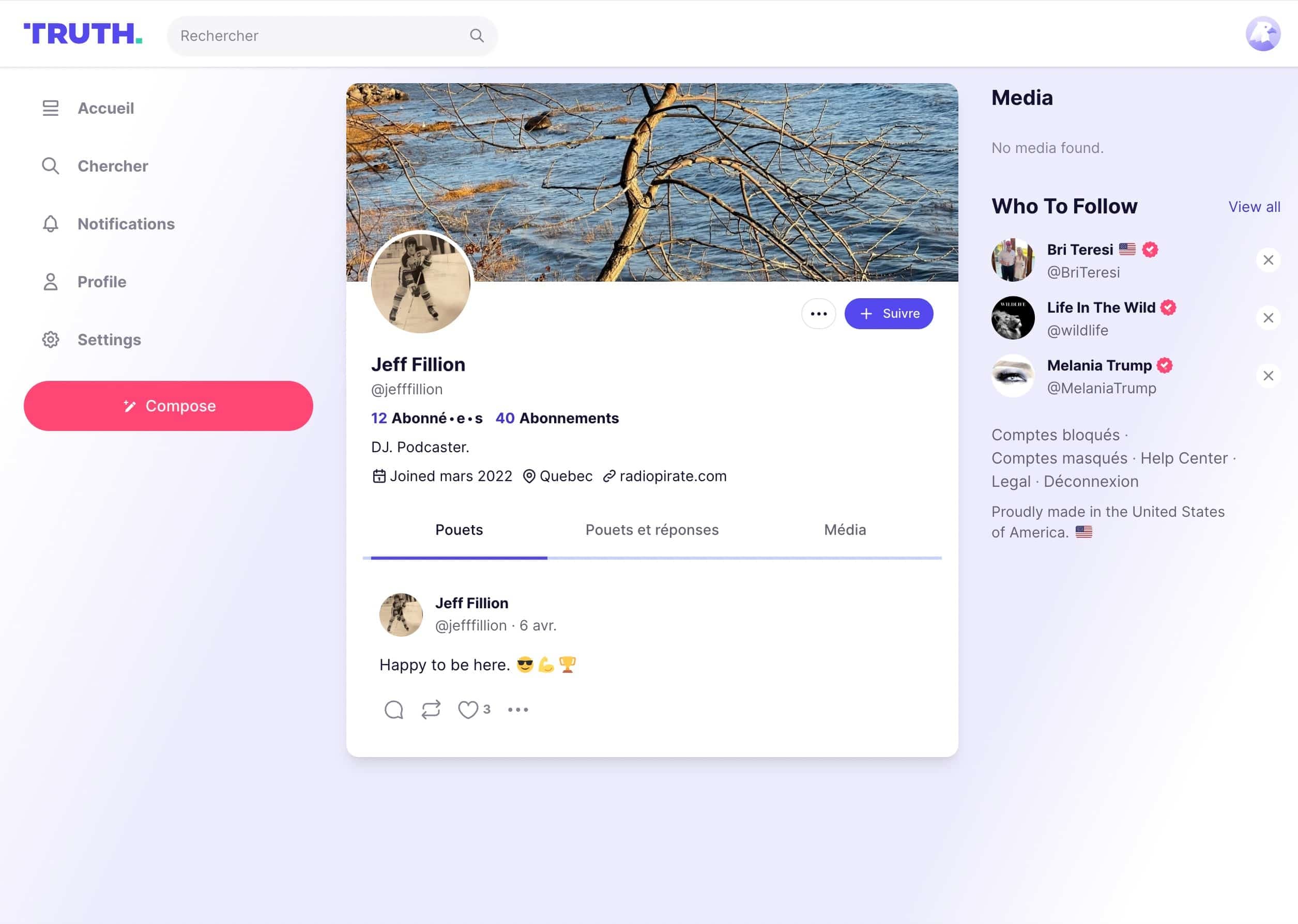 Le compte déserté de Jeff Fillion sur Truth Social.