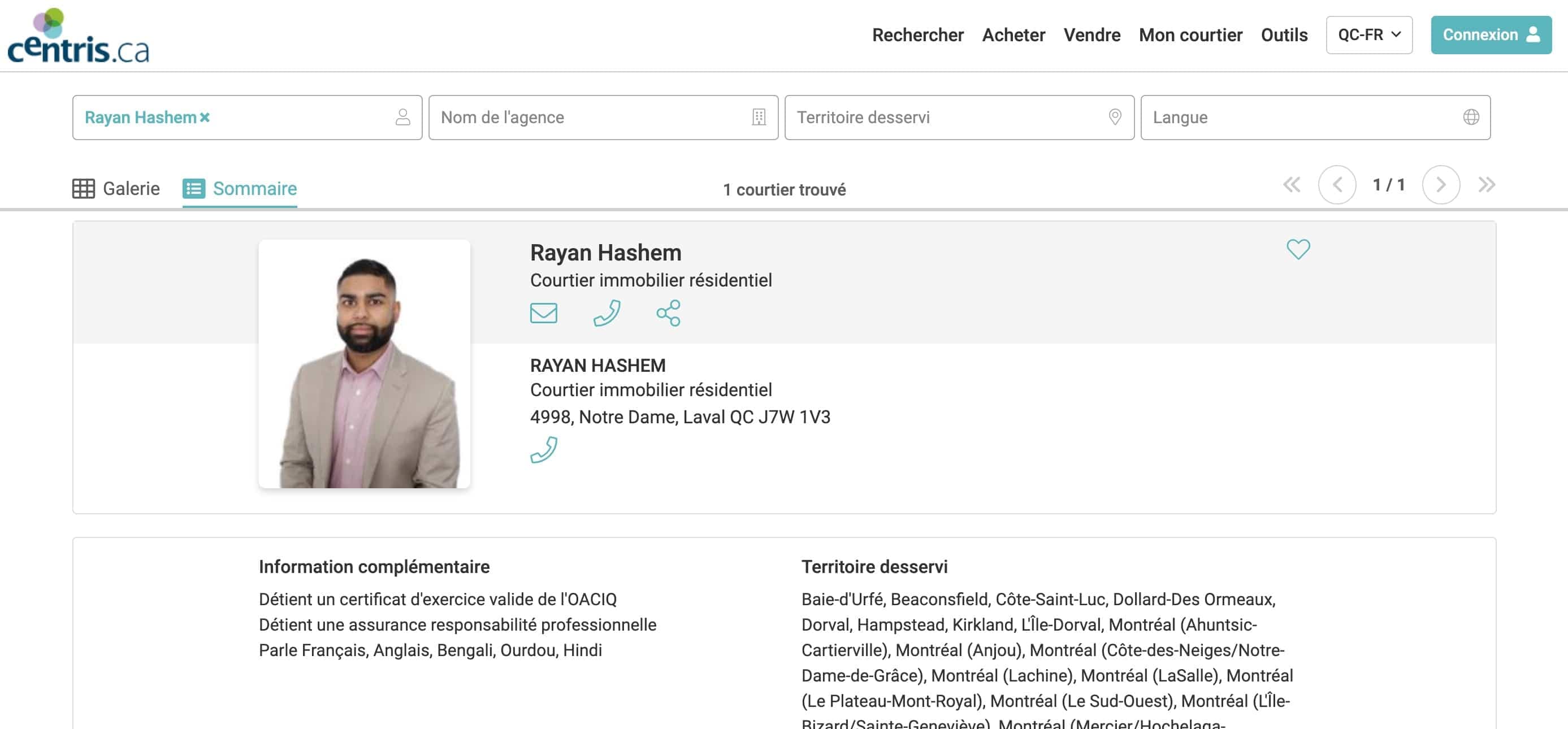 Le profil de courtier immobilier de Rayan Hashem sur le site de Centris.