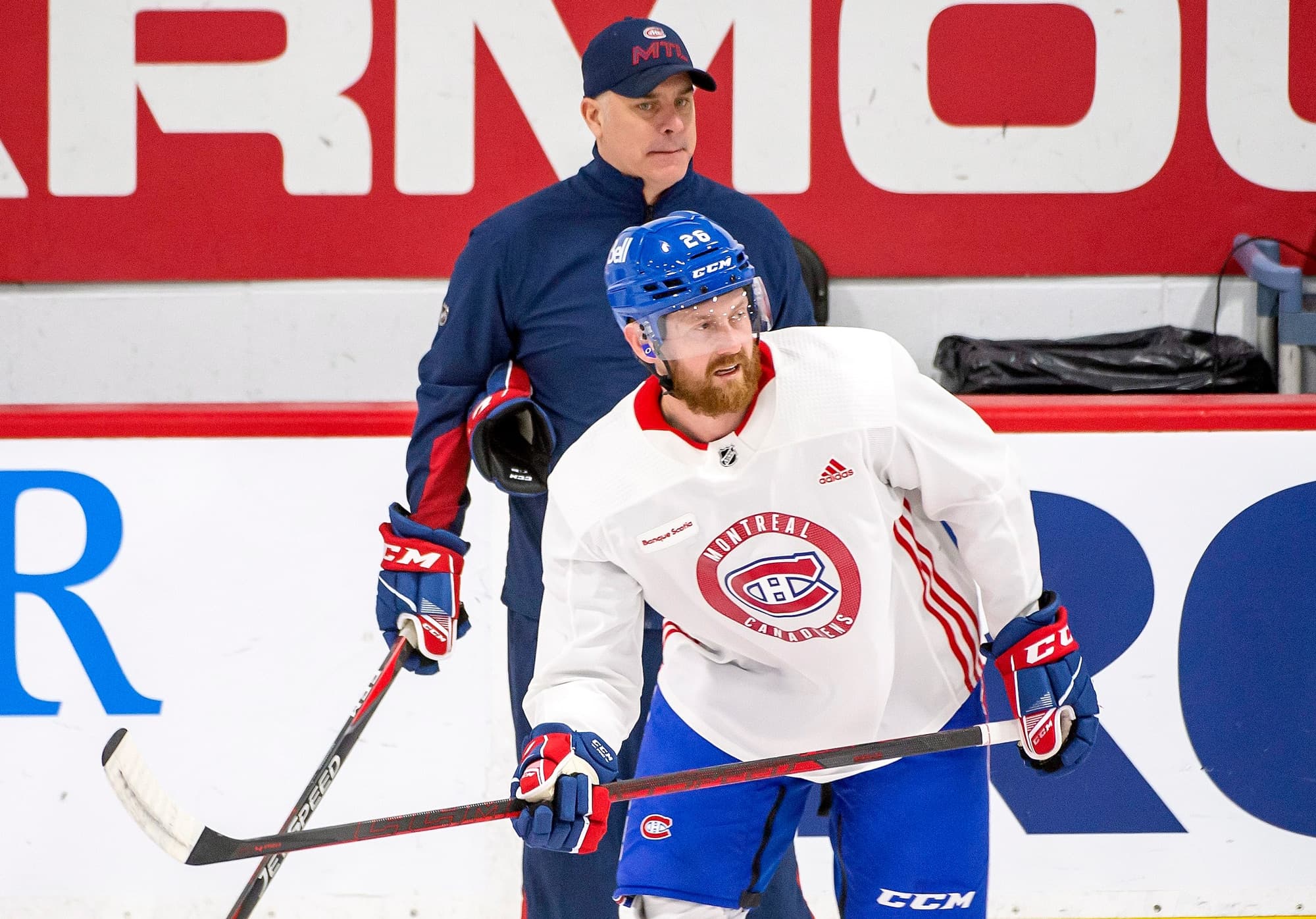 Dominique Ducharme et Jeff Petry lors d’un entraînement du CH au début du mois de février à Brossard.