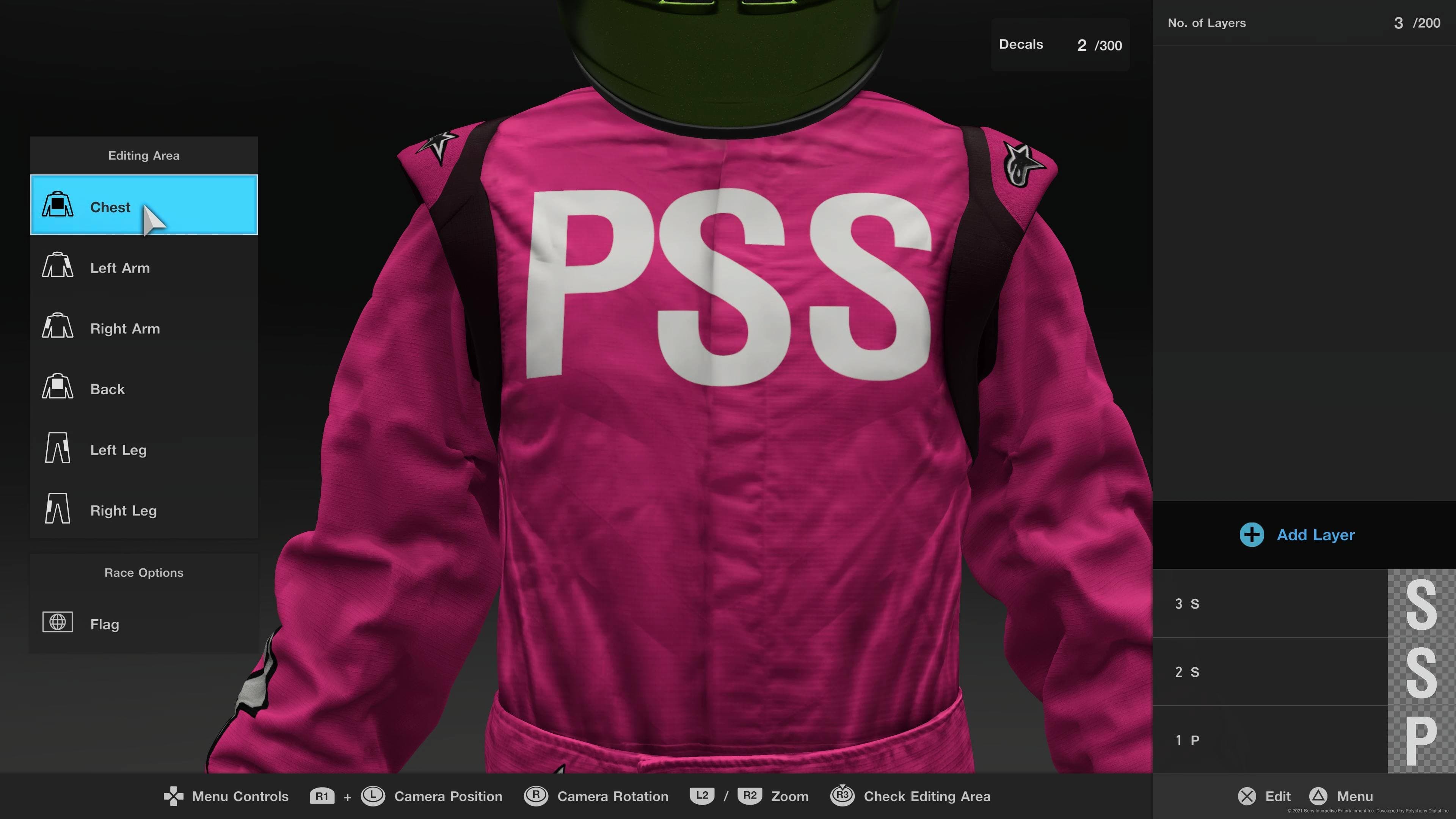 Comme dans Gran Turismo Sport, il est possible de personnaliser sa tenue de course (aux couleurs de la publication pour laquelle on travaille).
