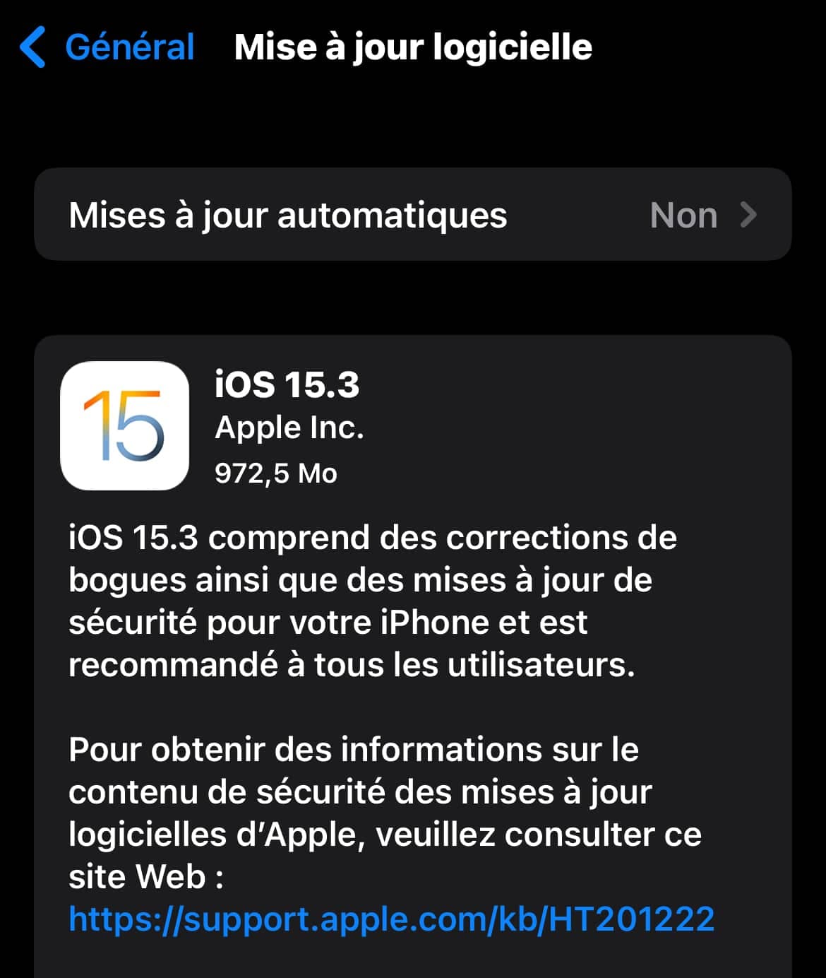 Fenêtre de mise à jour logicielle d'iOS vers la version 15.3