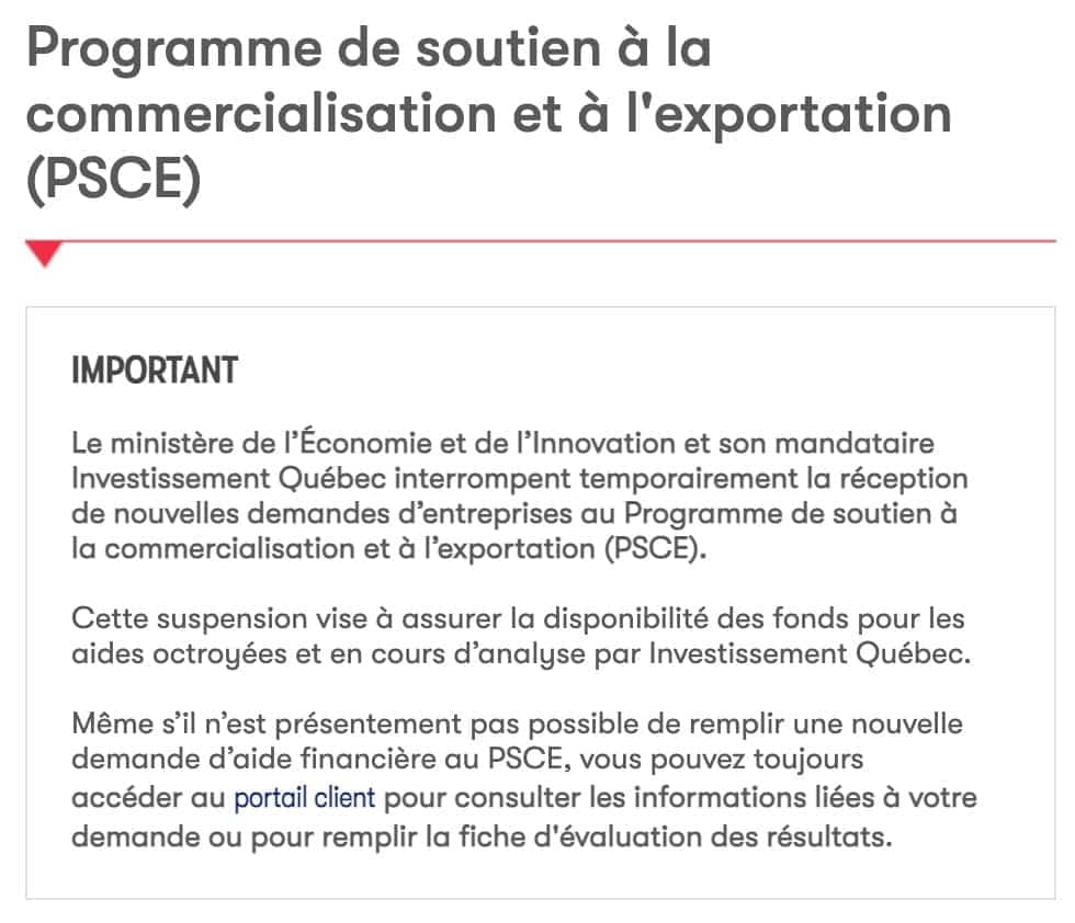 Capture d’écran site web d’Investissement Québec