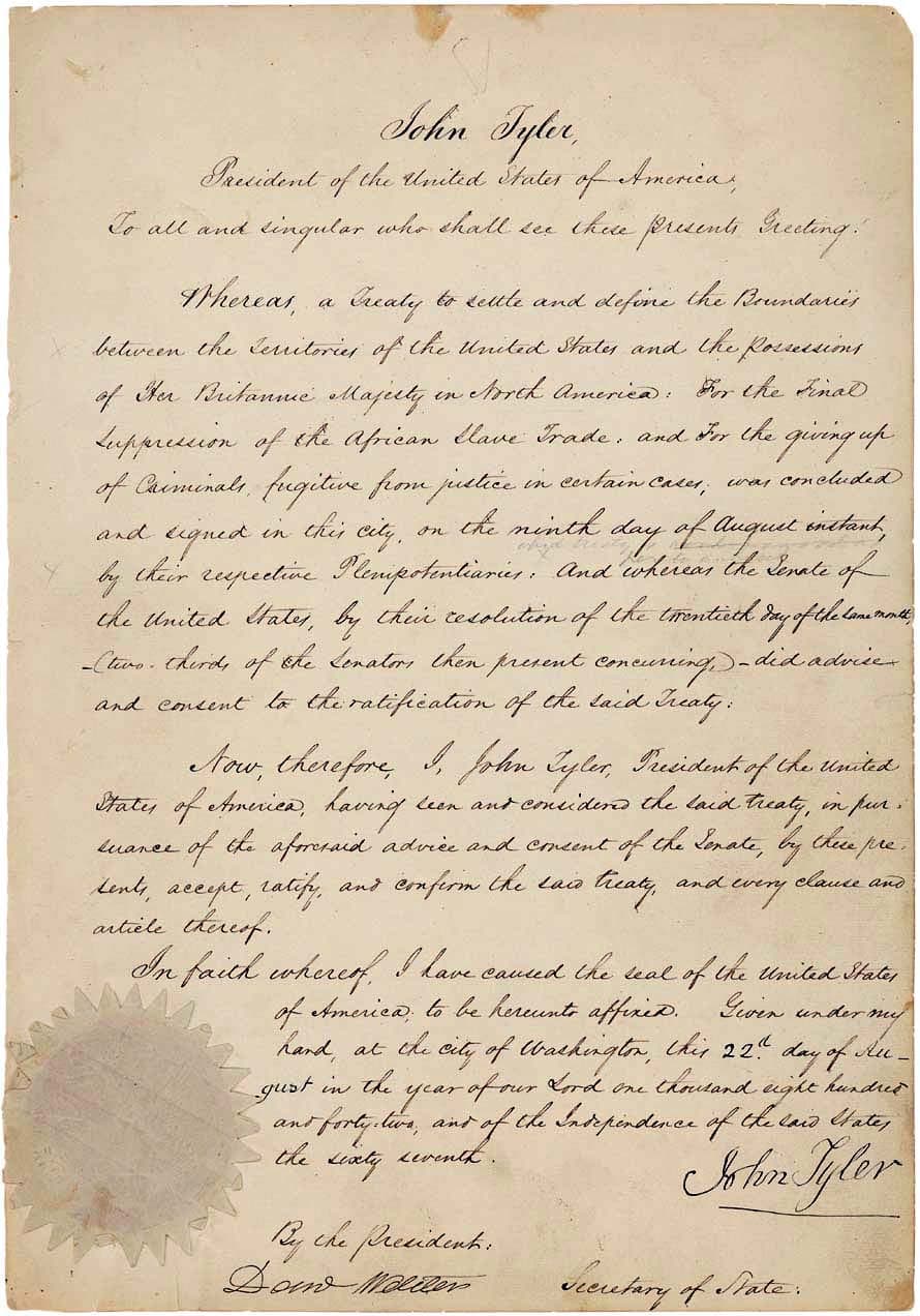 Ratification du traité Webster-Ashburton de 1842.