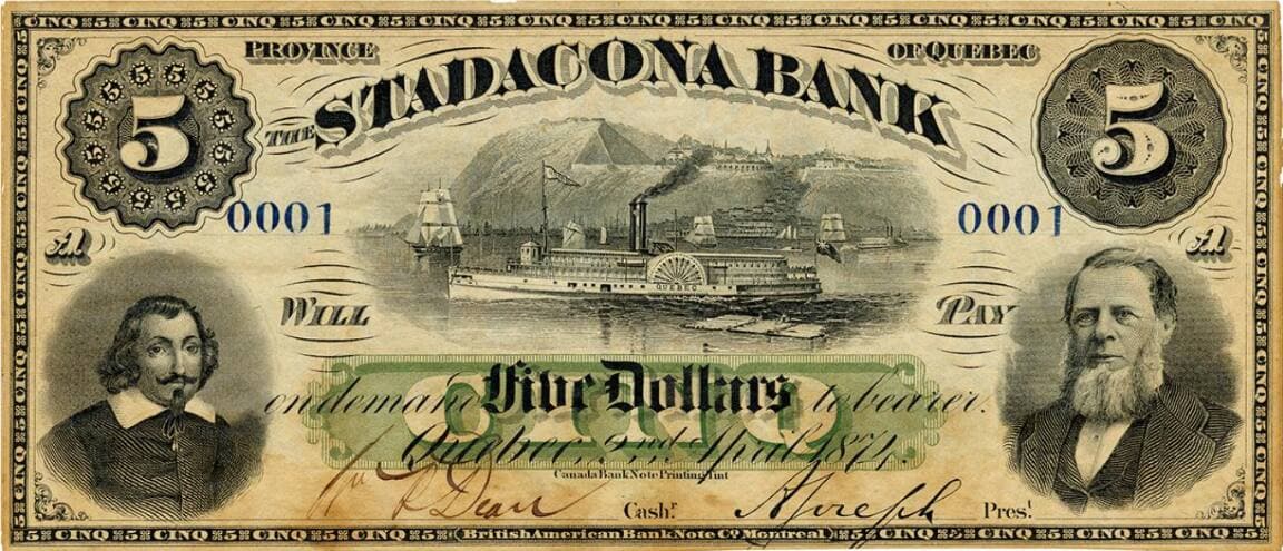 Billet de 5 $ de la Stadacona Bank arborant le portrait de son président Abraham Joseph.