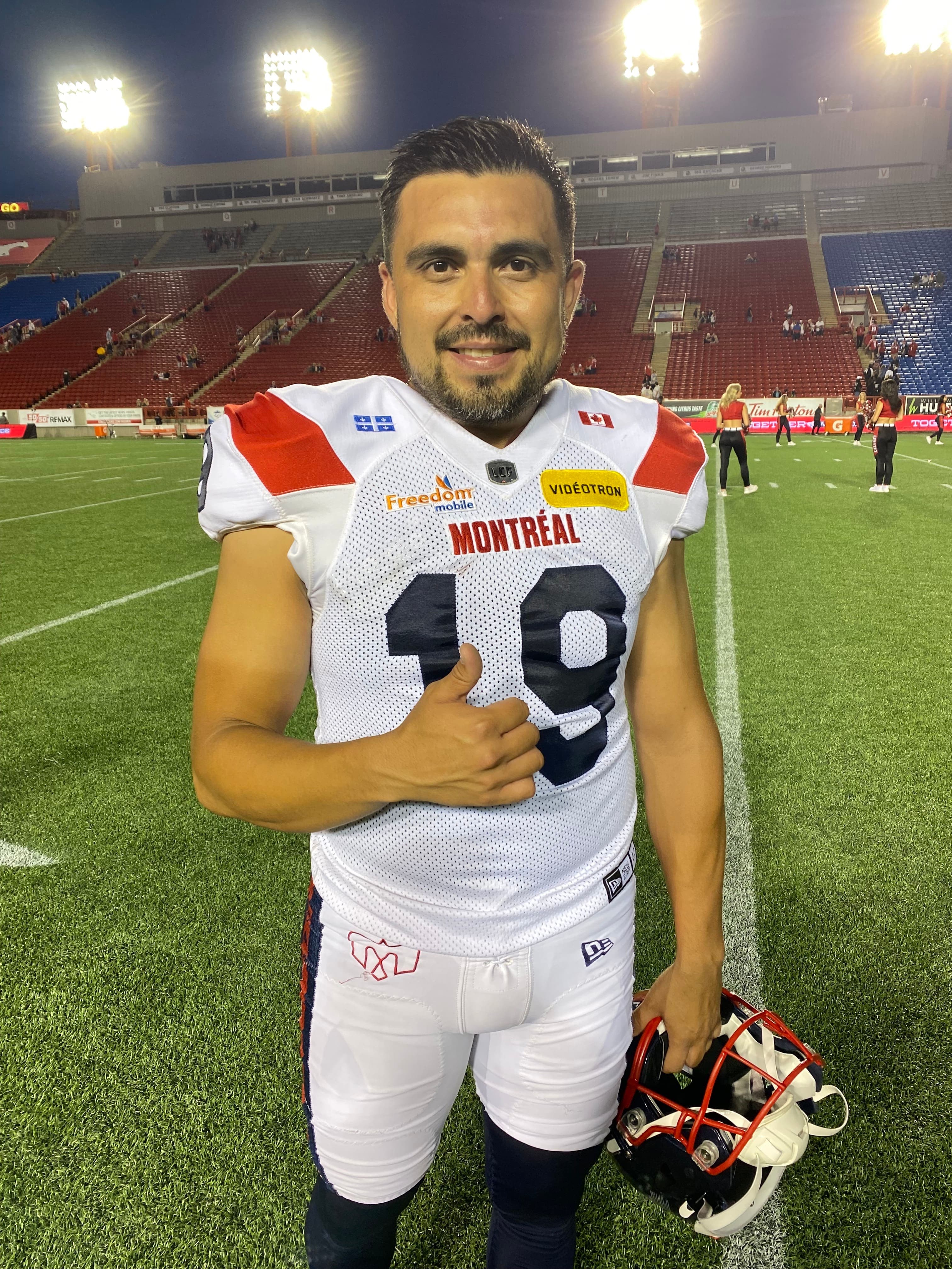 Le botteur José Maltos Diaz a joué les héros avec un placement de 58 verges pour les Alouettes de Montréal, lors de la victoire de 23 à 21 contre les Stampeders, le 24 juillet 2025, au stade McMahon, à Calgary.