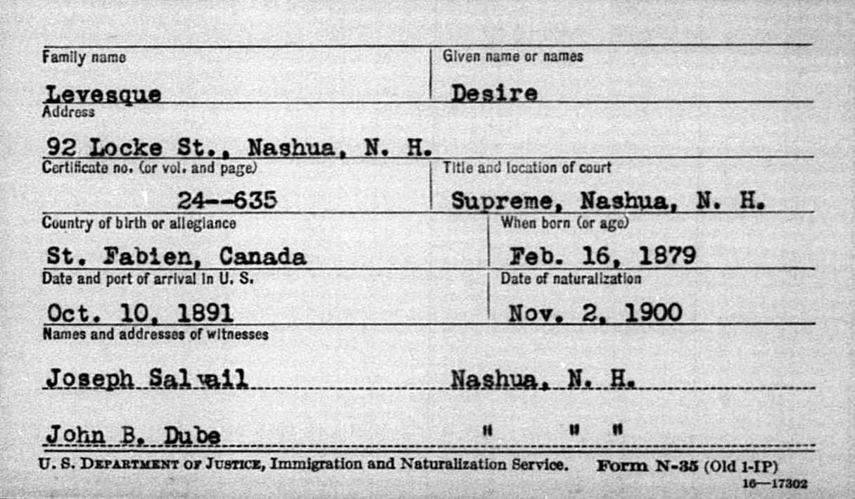 Le certificat de naturalisation américaine de Désiré Lévesque, l’arrière-grand-père québécois de Triple H.