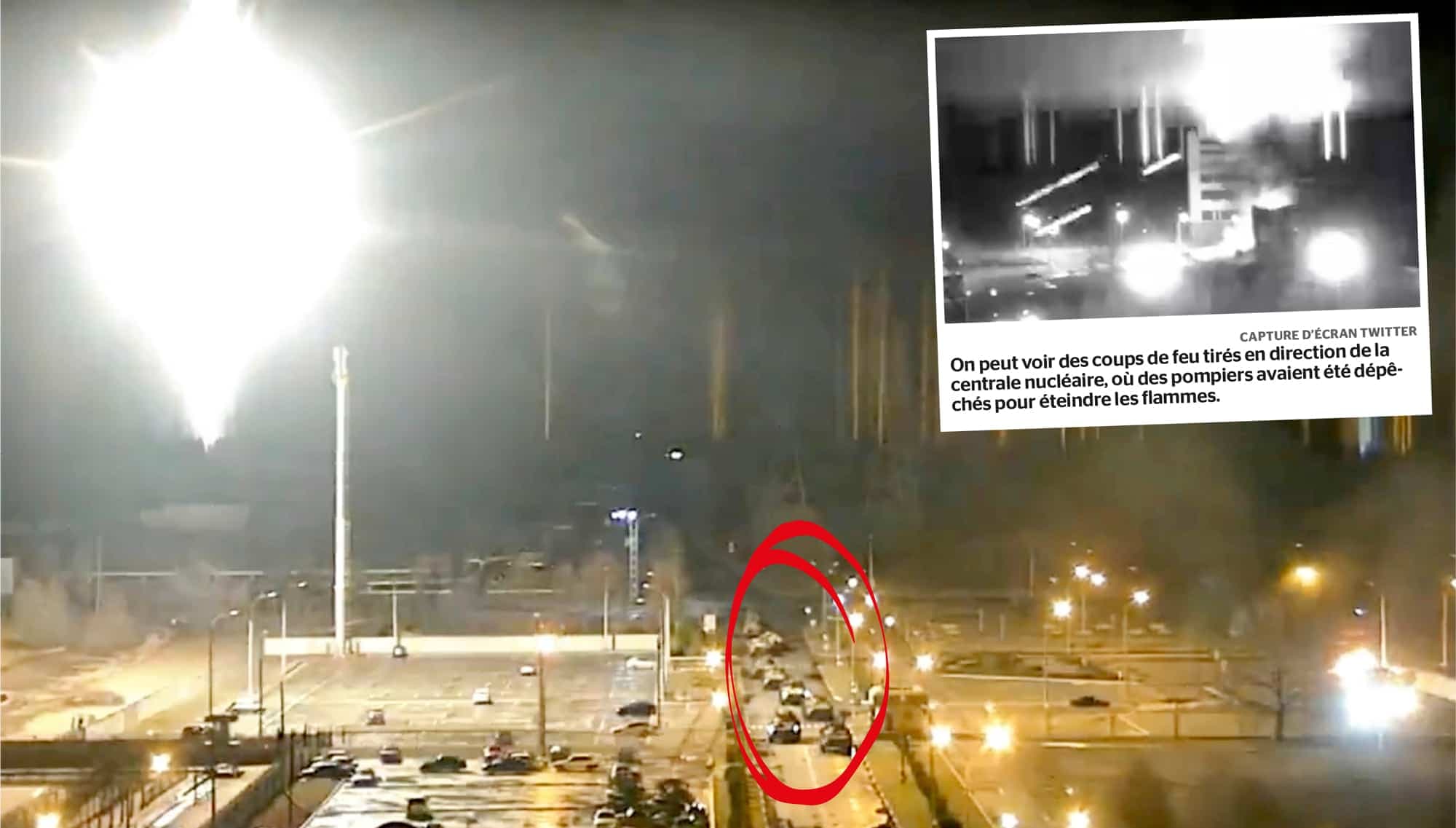 Un large groupe de chars d’assaut russes est parvenu à entrer sur le site de la centrale nucléaire Zaporijjia, où un incendie s’est déclaré après un bombardement, montre ces images de vidéo de surveillance.