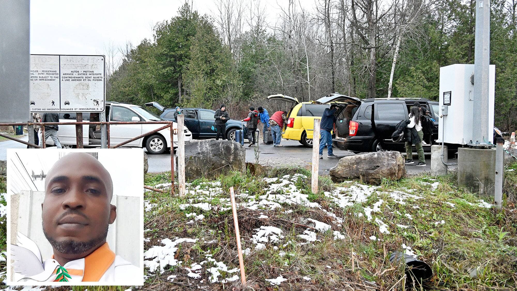 Plusieurs migrants traversent illégalement le chemin Roxham chaque jour, normalement des États-Unis vers le Canada. La victime, Fritznel Richard (en mortaise), aurait toutefois tenté d’emprunter le chemin inverse pour rejoindre son épouse en Floride, avant de mourir gelé.