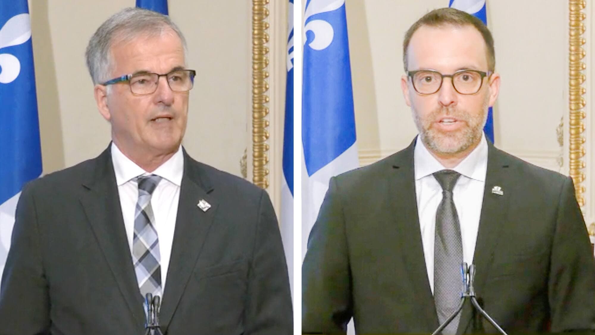Le député indépendant Guy Ouellette (à gauche) s’est présenté jeudi à l’Assemblée nationale, à Québec, accompagné du commissaire de l’Unité permanente anticorruption, Frédérick Gaudreau (à droite). Ce dernier s’est excusé au nom du corps policier.