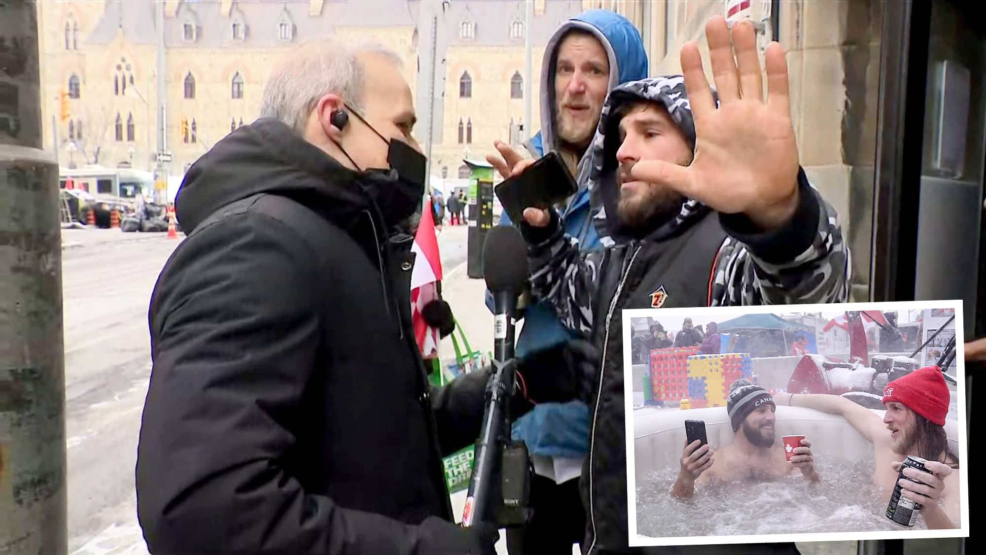 Deux manifestants en train d’invectiver le journaliste Yves Poirier. En mortaise, ces deux mêmes personnes qui se la coulent douce dans un spa, plus tôt cette semaine.