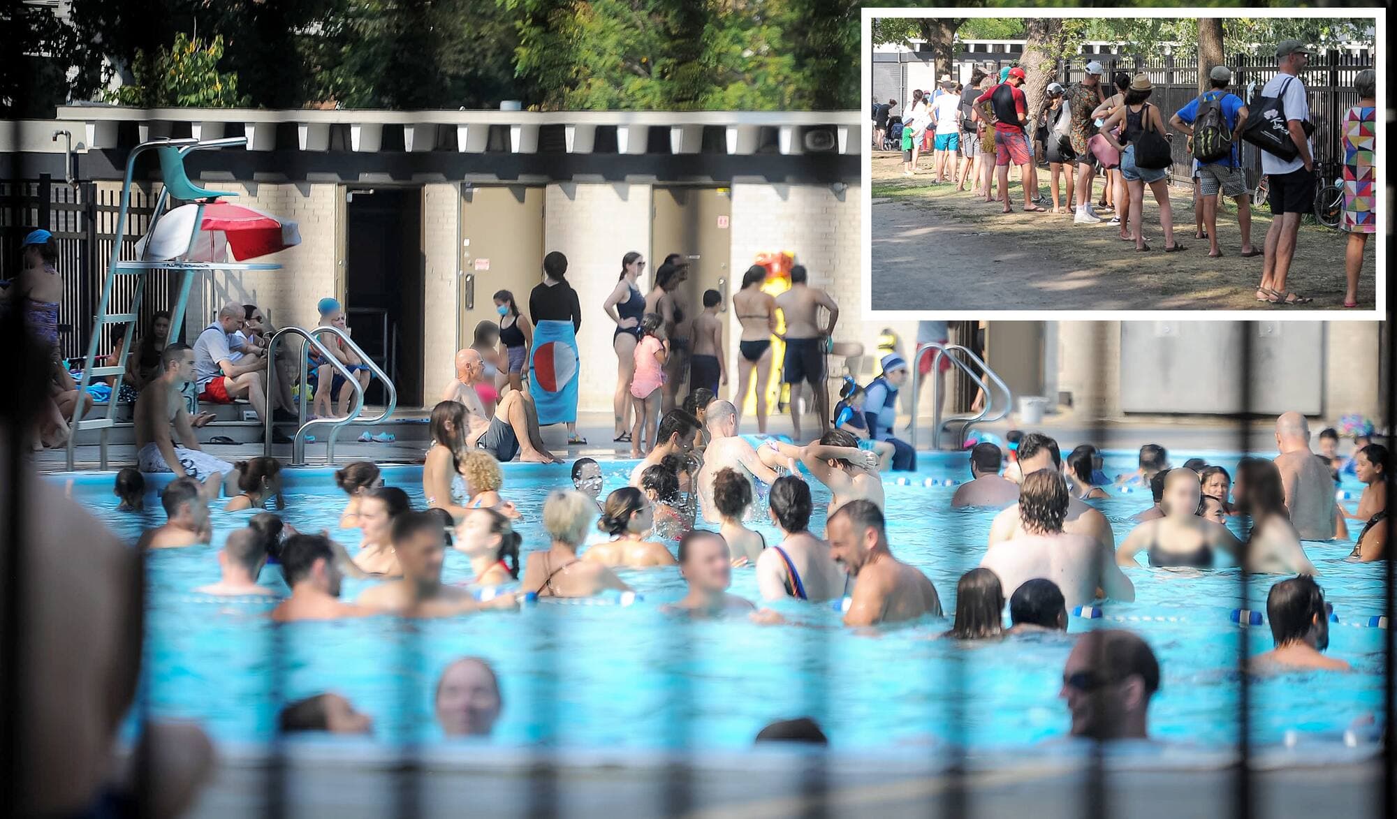 Des Montréalais se sont rafraîchis, samedi, à la piscine du parc Sir-Wilfrid-Laurier. En mortaise, il y avait une file d’attente pour accéder à ce plan d’eau municipal, alors que la température a atteint les 35 °C au centre-ville de la métropole.