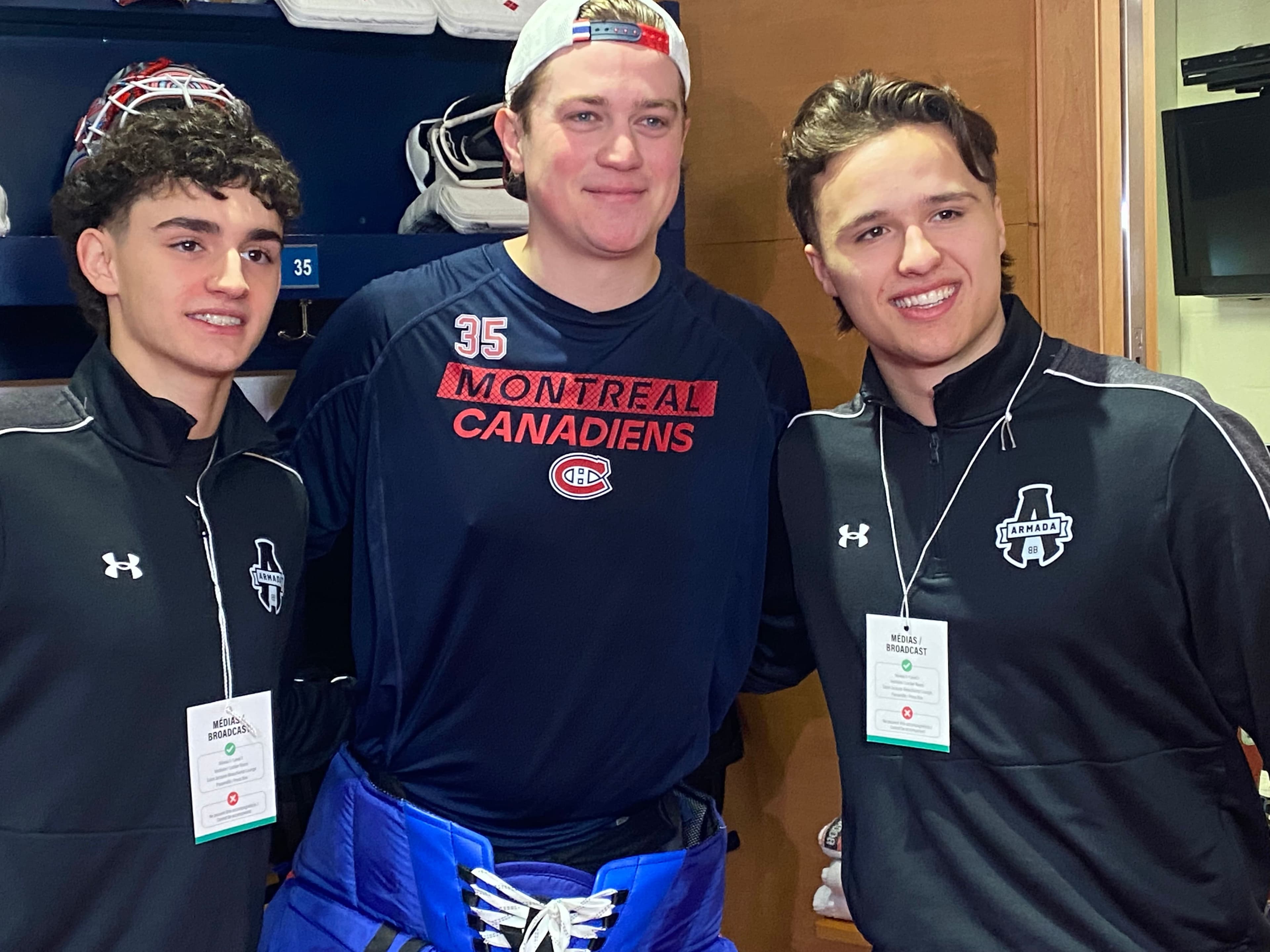 Justin Carbonneau en compagnie de Samuel Montembeault et de Mateo Nobert.