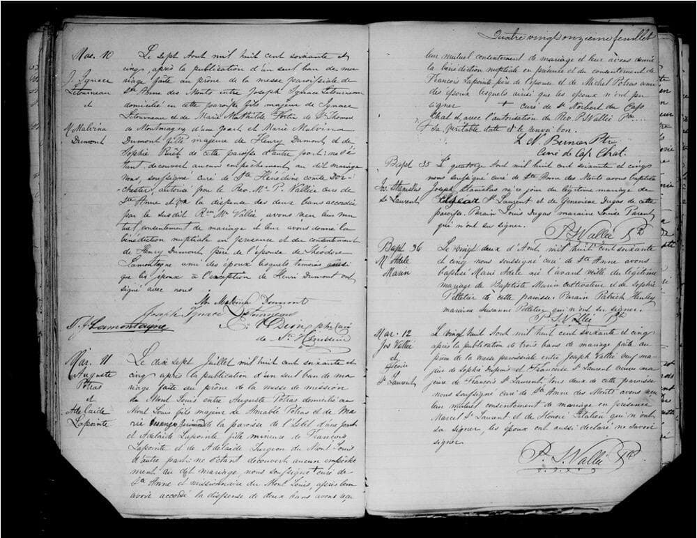 Extrait du certificat de mariage d’Augustin Poitras et d’Adelaide Lapointe, des ancêtres québécois de Laura Poitras, le 17 juillet 1865, à Sainte-Anne-des-Monts, en Gaspésie.