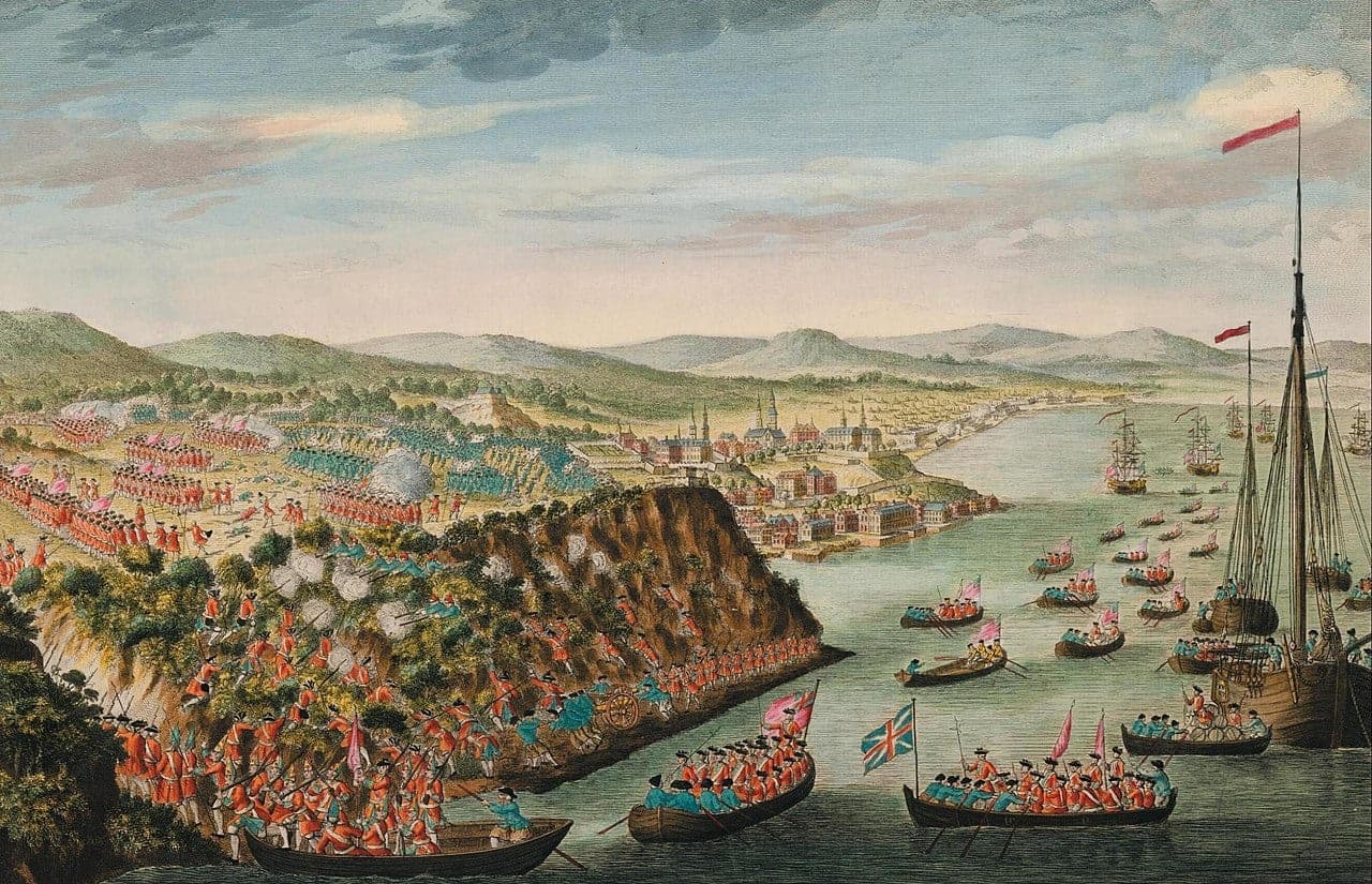 Vue de la prise de Québec, le 13 septembre 1759. Cette gravure de 1797 est basée sur une esquisse exécutée par Hervey Smyth, aide de camp du général Wolfe durant le siège de Québec.