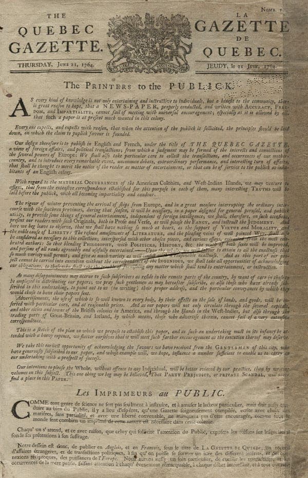 Toute première édition de «La Gazette de Québec», le 21 juin 1764.
