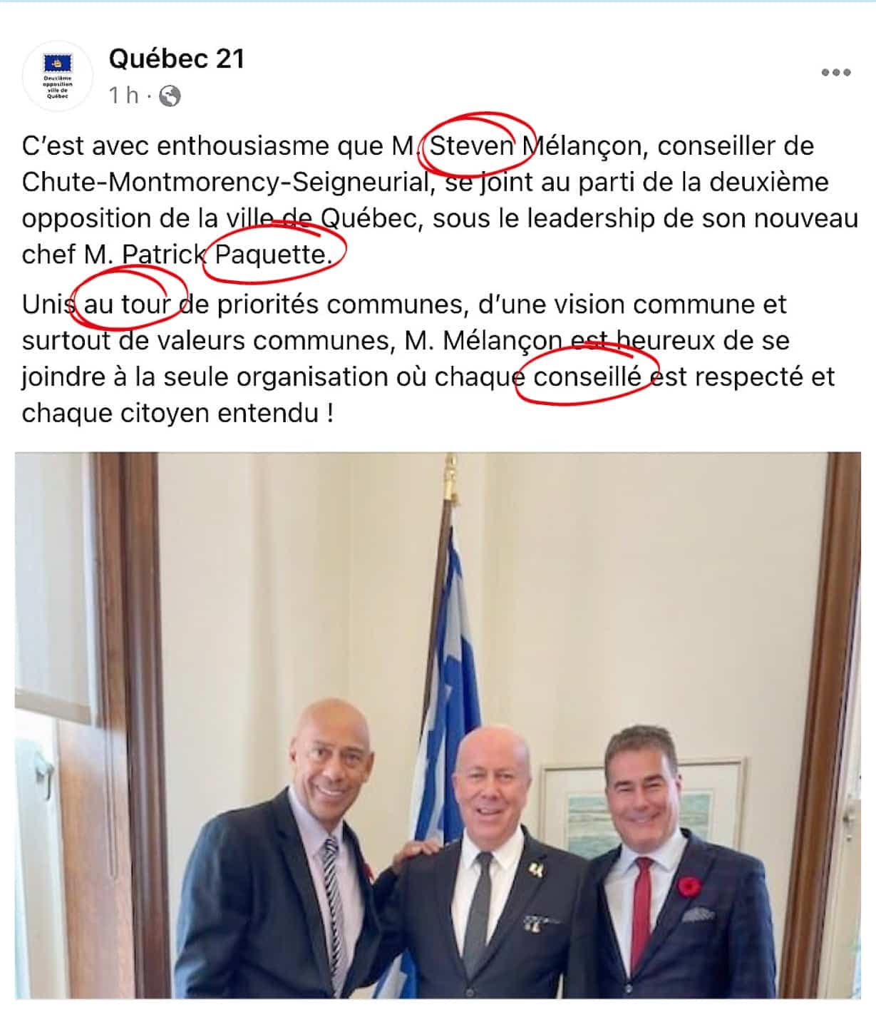 Voici les fautes dans une publication Facebook du parti Québec 21 qui a été retirée par la suite.