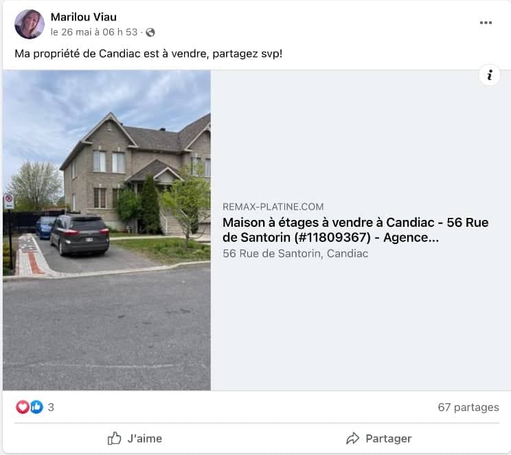 Marilou Viau a annoncé la vente de sa maison sur Facebook le 26 mai dernier.
