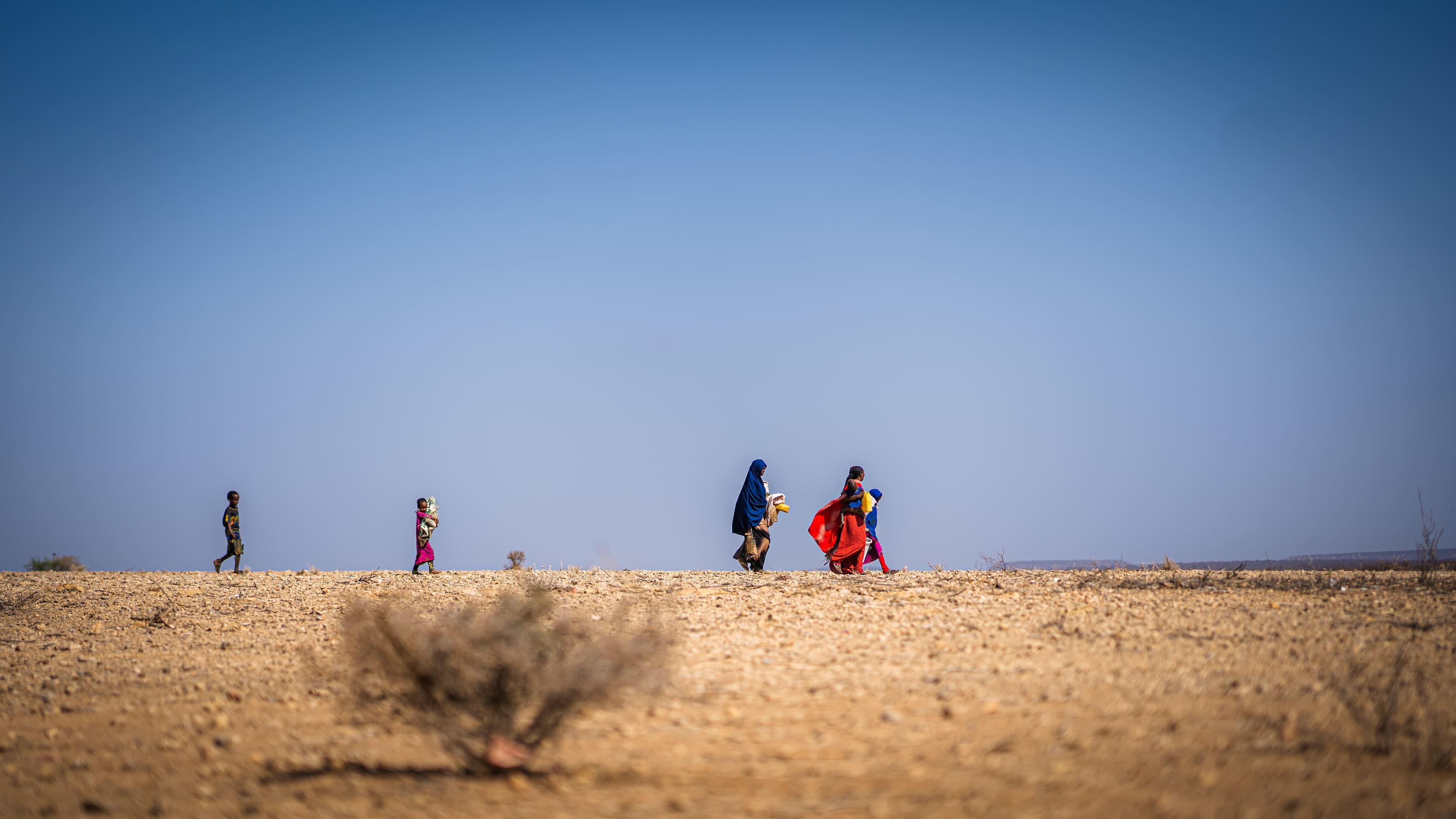 Les femmes et les enfants doivent se déplacer sur de longues distances pour trouver de l'eau et de la nourriture.