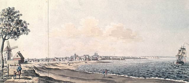 Vue de Trois-Rivières, vers 1784; aquarelle et plume et encre sur crayon sur papier