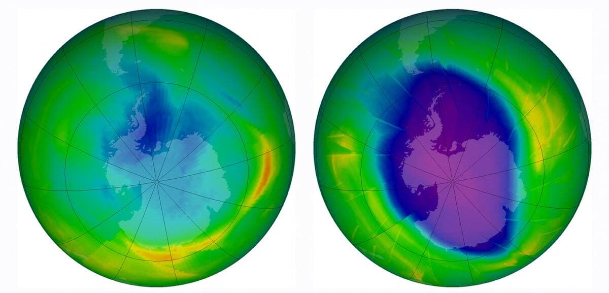Ces images de la NASA montrent la forme et l'étendue du trou de la couche d'ozone en 1979 (à gauche) et en 2009 (à droite).