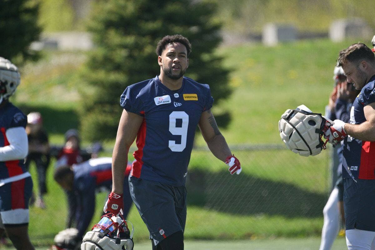 Le secondeur Geoffrey Cantin-Arku lors du camp des Alouettes, en mai, à Saint-Jérôme.