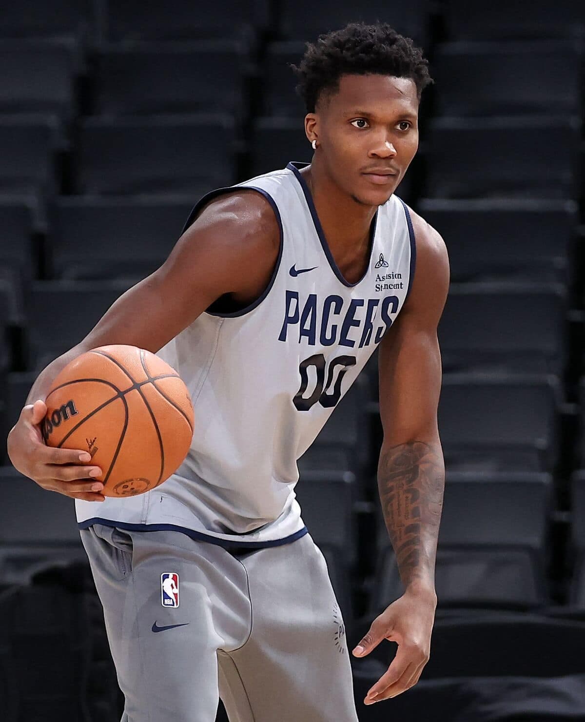 Bennedict Mathurin, à l'entraînement avec les Pacers, le mercredi 22 janvier, au Palais Omnisports de Paris-Bercy.