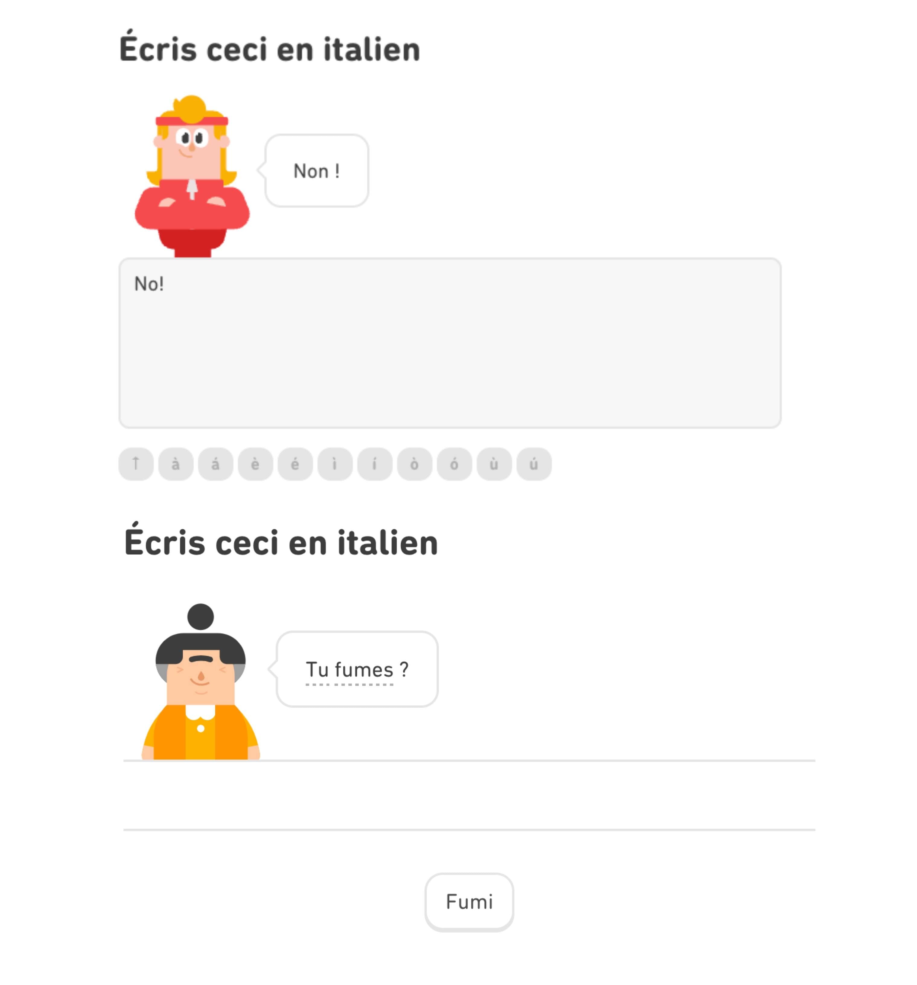 Deux exemples (parmi tant d'autres) d'exercices qui ne font pas avancer l'apprentissage, sur Duolingo.