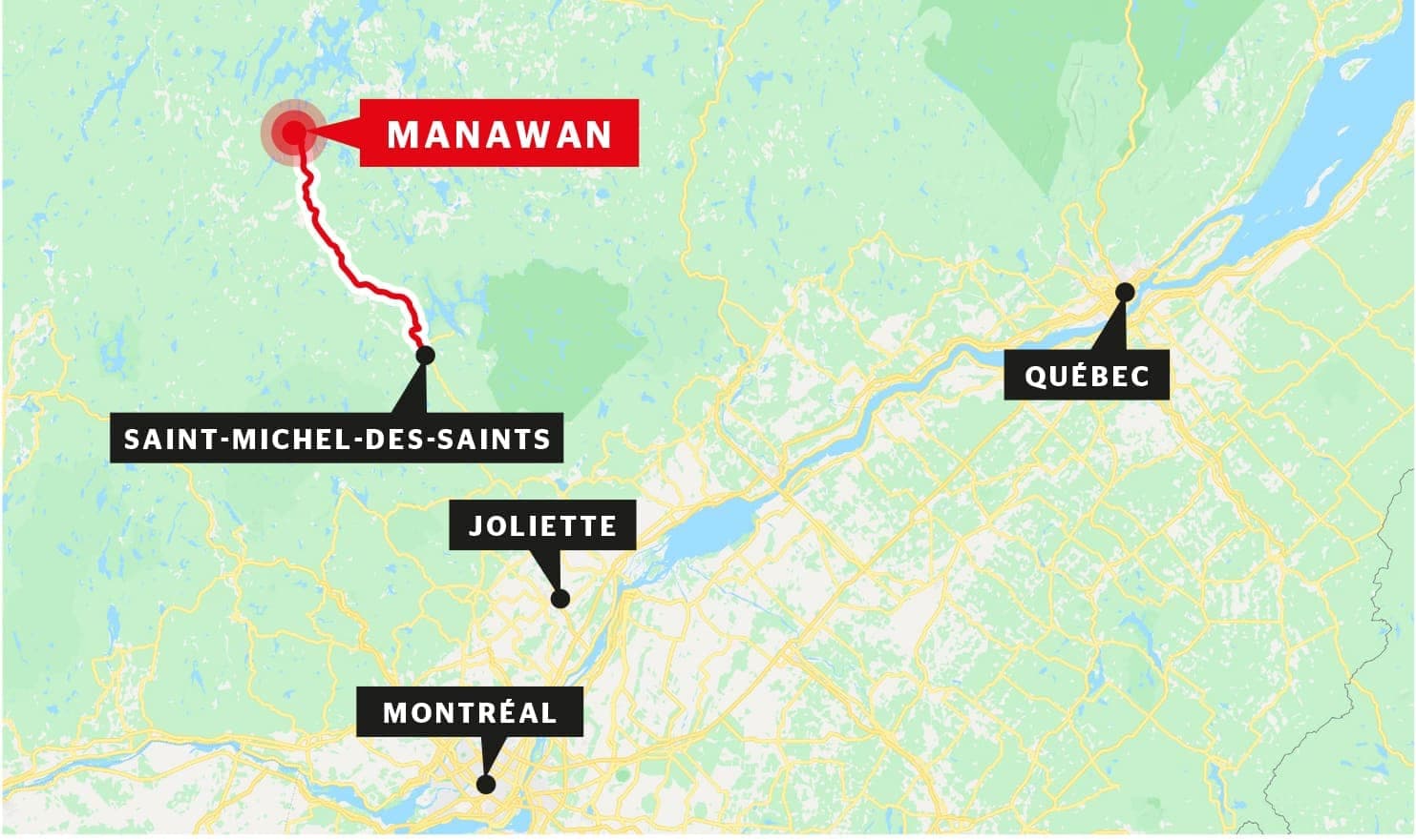 Manawan est située dans la portion nord de Lanaudière, à 86 km de la municipalité de Saint-Michel-des-Saints.