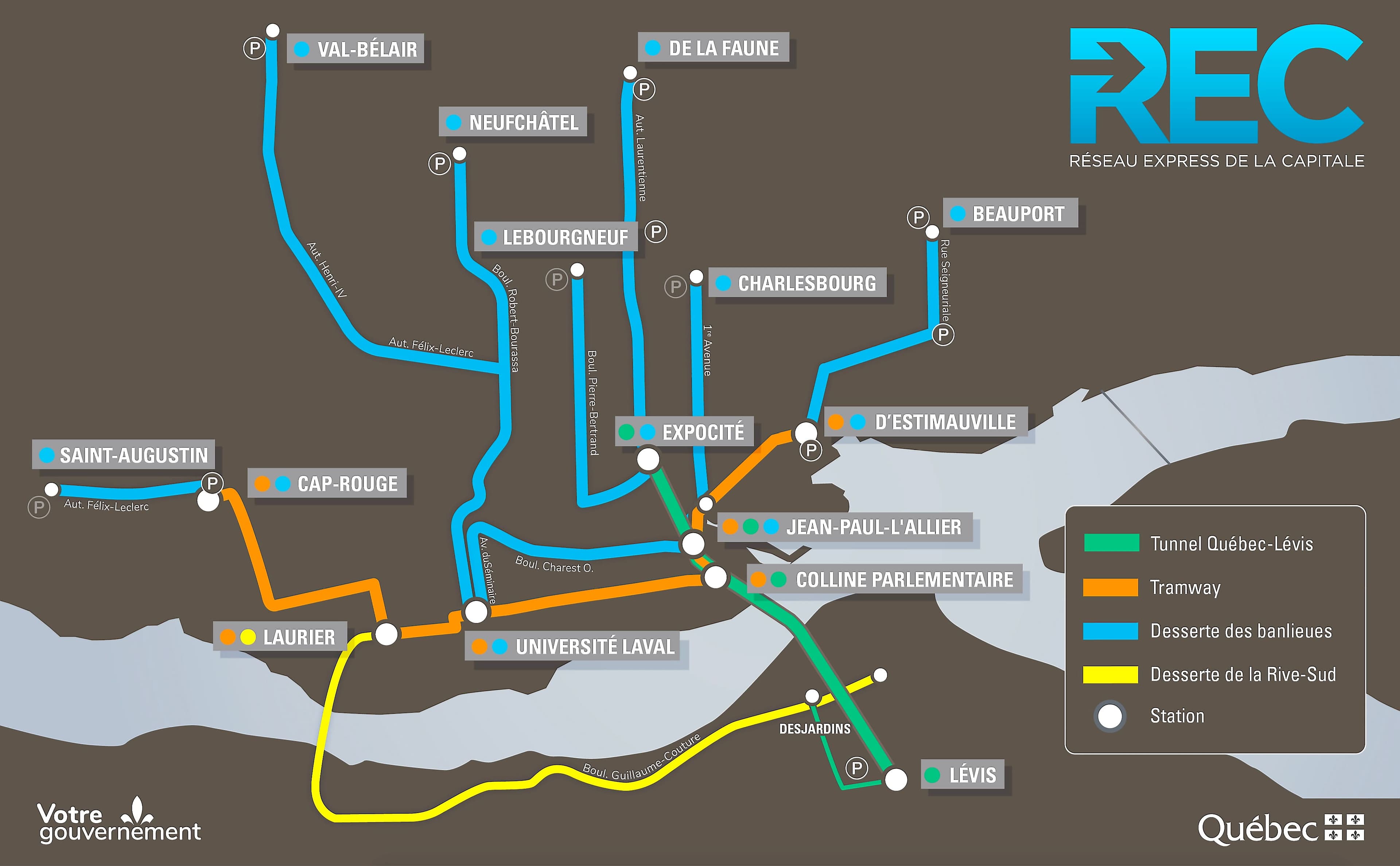Cette carte rendue publique vendredi montre les quatre composantes du futur Réseau express de la Capitale (REC).