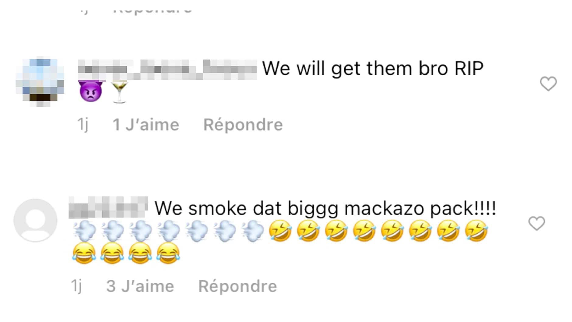 Des menaces de vengeance circulaient déjà mercredi sur les réseaux sociaux (commentaire du haut) tandis que certains se réjouissaient du décès du rappeur (commentaire du bas).