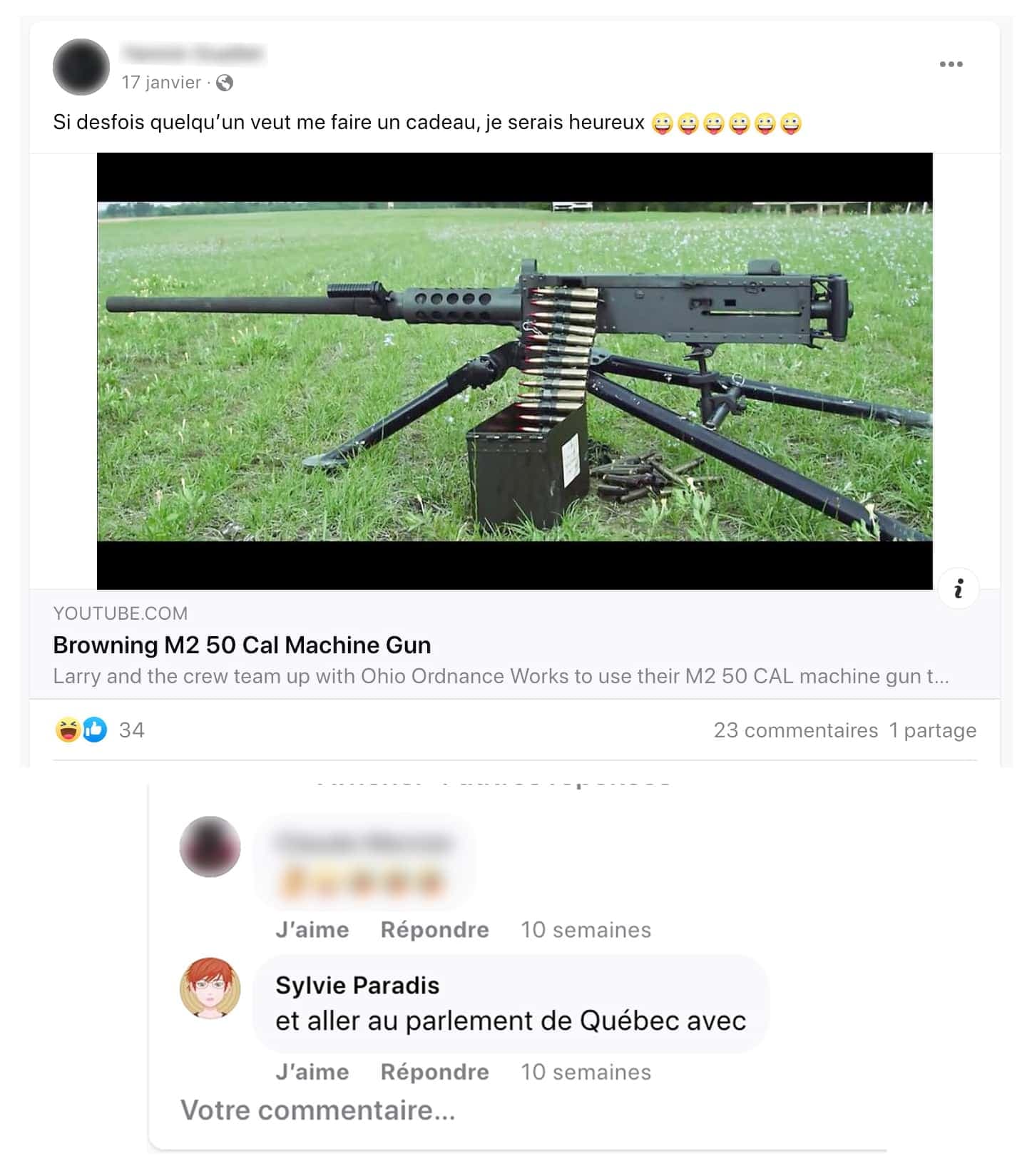 La publication faite sur Facebook en janvier 2022, en plus du commentaire de Sylvie Paradis.