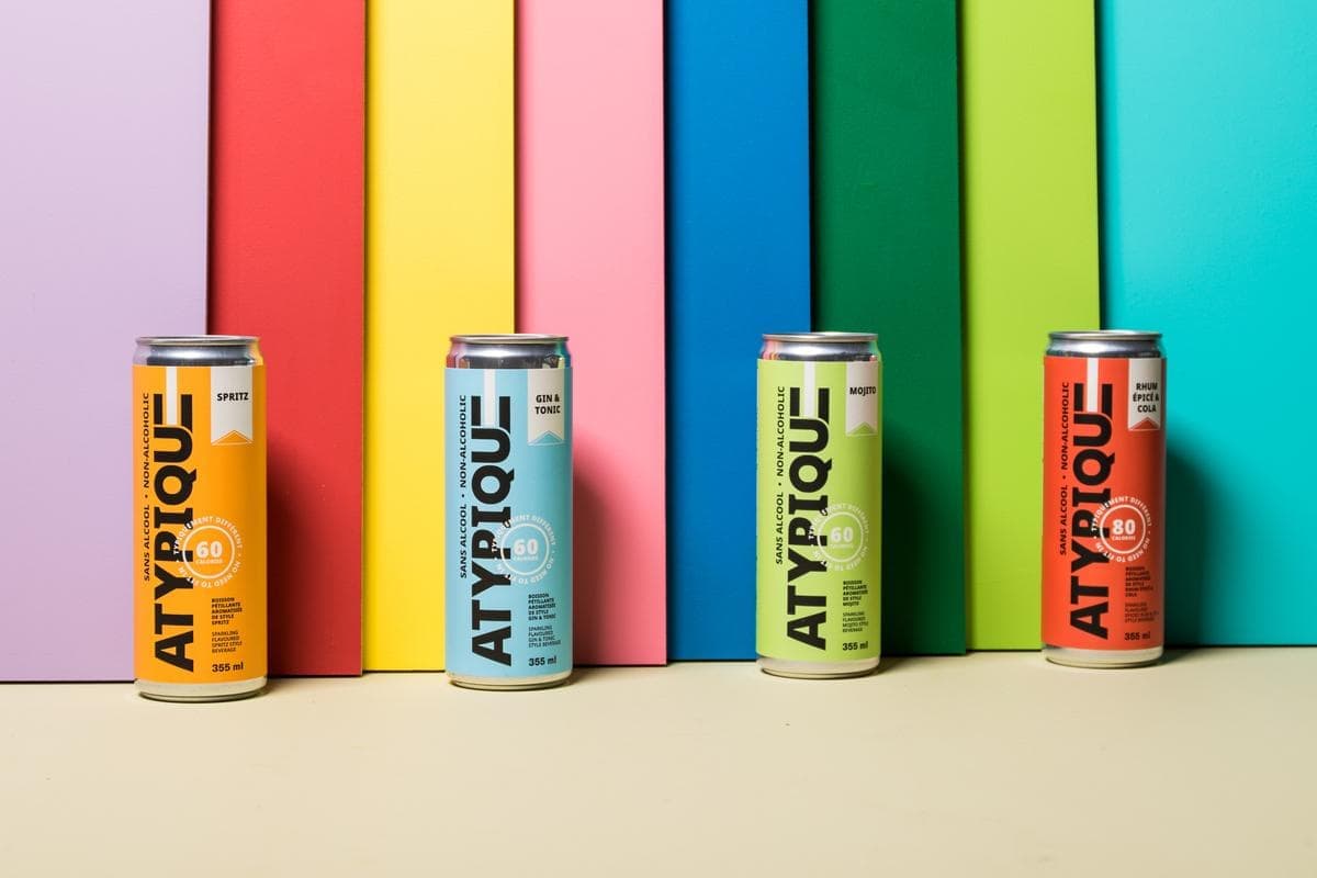 La nouvelle gamme prêt-à-boire Atypique est composé de 4 saveurs soient un spritz, un mojito, un gin tonic et un rhum & coke, tous sans alcool.