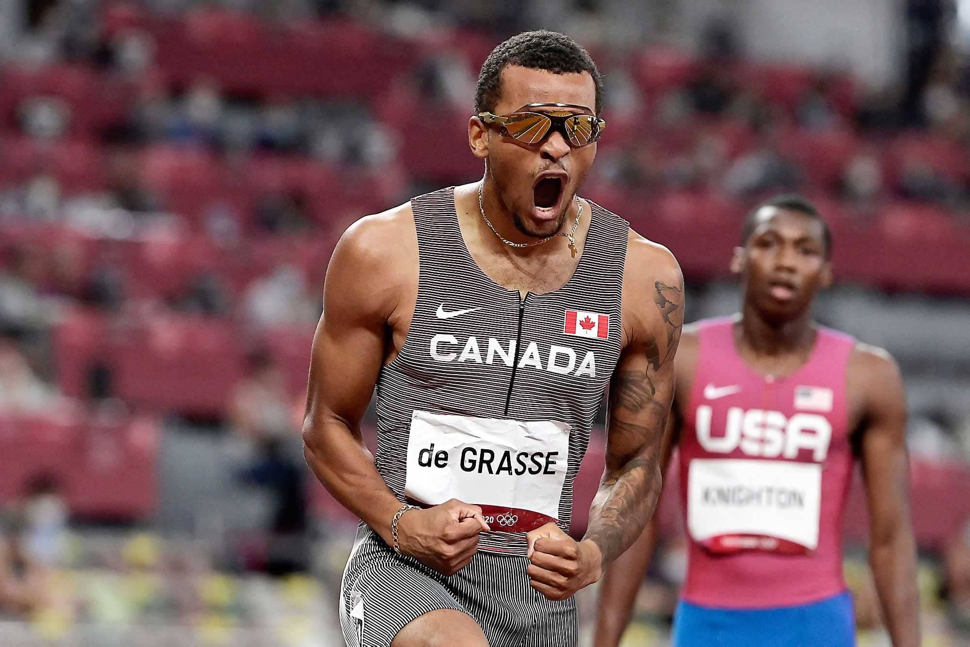 Andre De Grasse était exubérant après avoir devancé l’Américain Kenneth Bednarek au fil d’arrivée de la finale du 200 m, mercredi, aux Jeux olympiques de Tokyo.