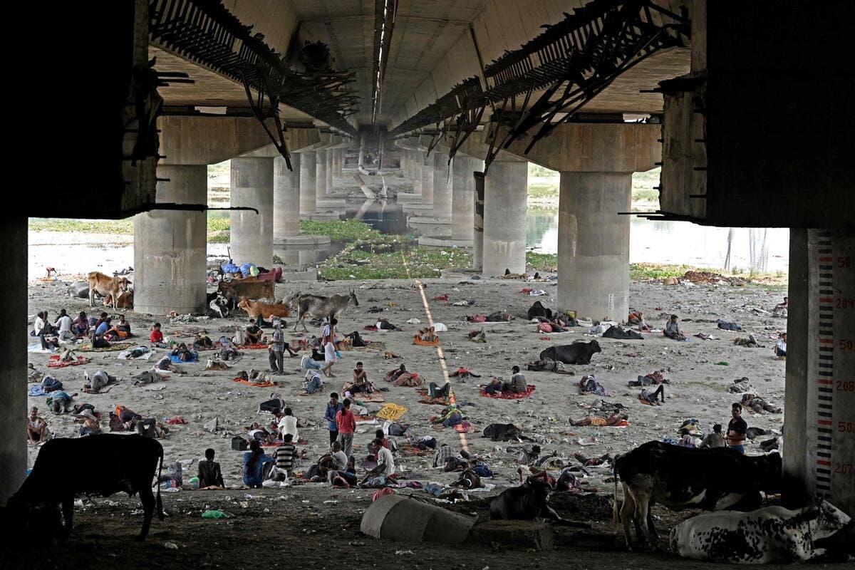 En Inde, des personnes en situation d'itinérance tentent de se rafraîchir à l'ombre d'un pont, le 11 mai 2022.