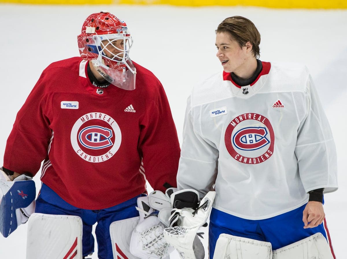Cayden Primeau (30) et Frederik Dichow (80) lors du camp de perfectionnement du Canadien de Montréal au Complexe Sportif Bell, à Brossard, près de Montréal, vendredi le 28 juin 2019. JOEL LEMAY/AGENCE QMI