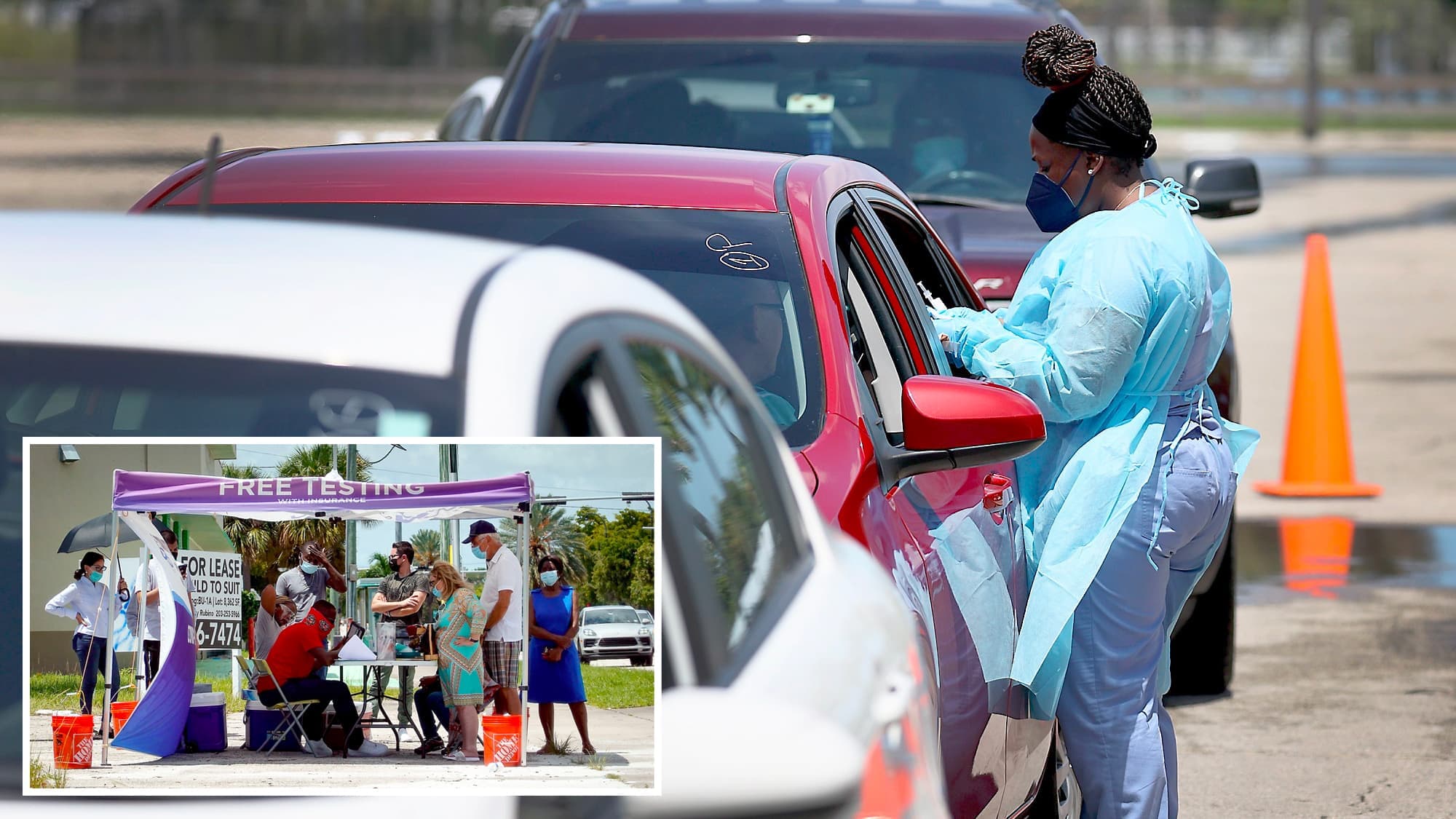 À Miami, en Floride, des personnes attendaient de passer un test de dépistage de la COVID-19, le 26 juillet 2021. Le comté de Miami-Dade a d’ailleurs ouvert cinq nouveaux sites de vaccination et de dépistage alors que le nombre de cas de COVID-19 grimpe.