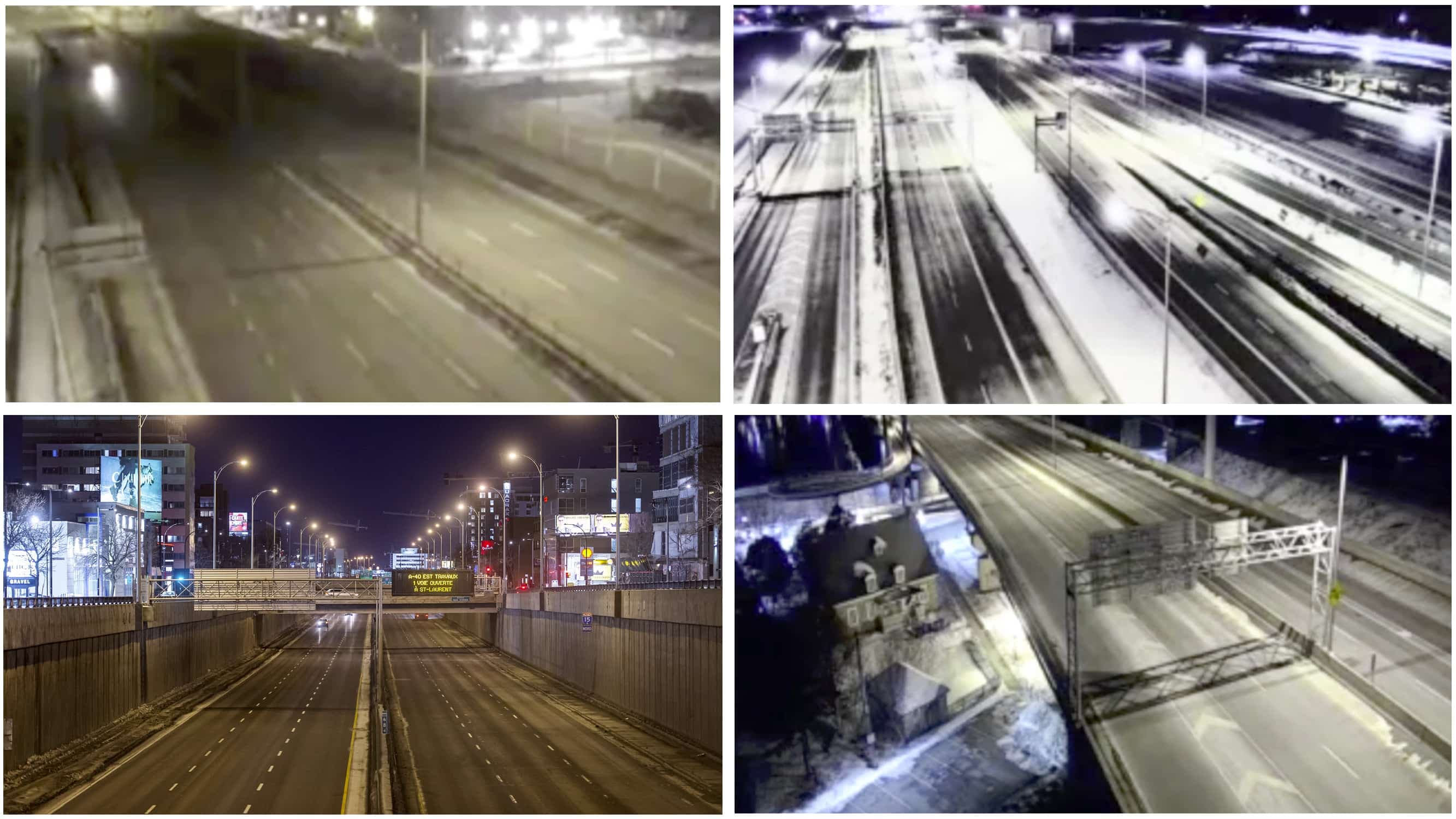 En haut, autoroute 25, Galeries d’Anjou, à droite, autoroute 720, échangeur Turcot. En bas, autoroute Décarie et pont Galipeault.