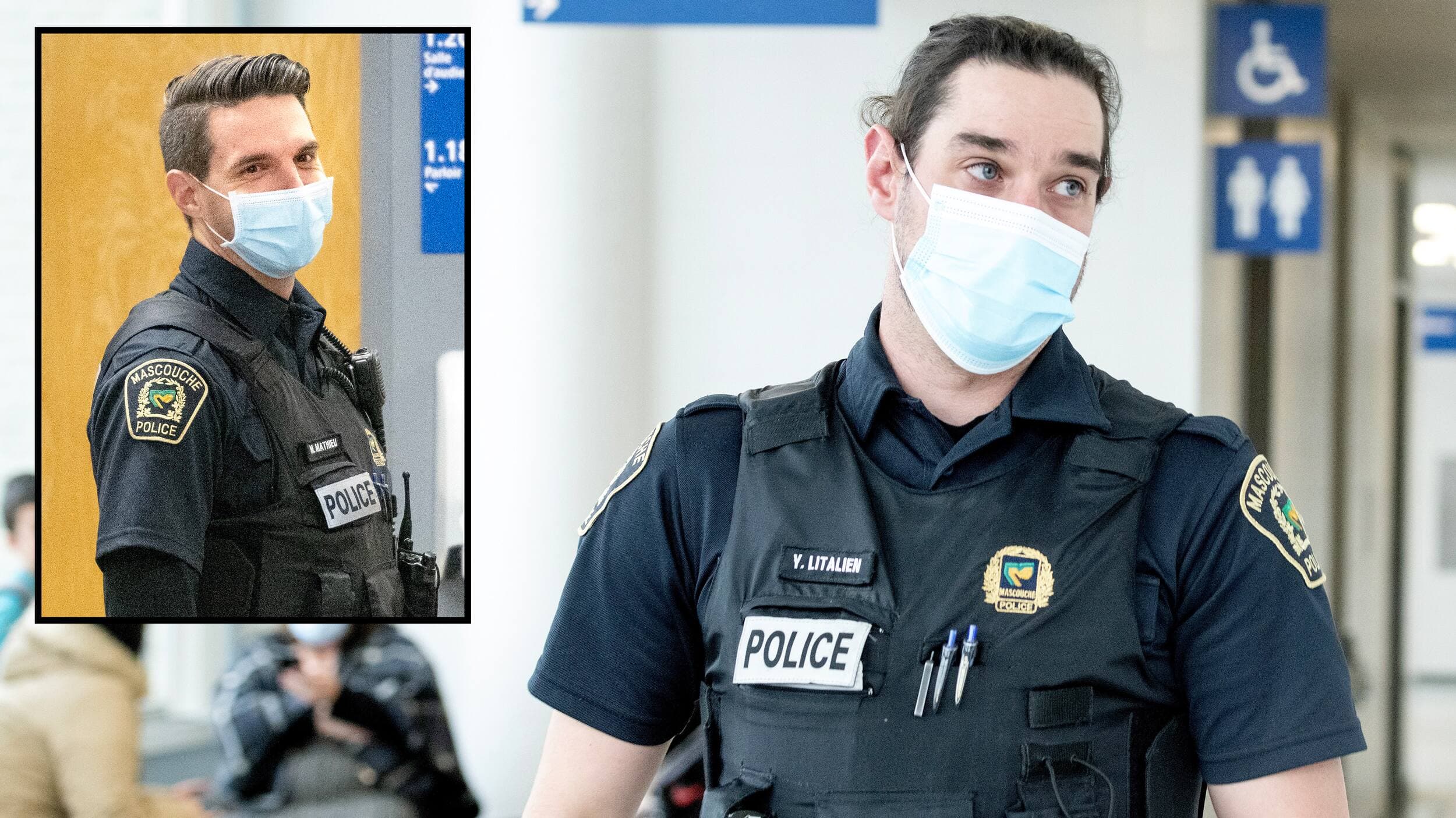 Les policiers de Mascouche Yannérick Litalien Forest et Maxime Mathieu (en mortaise) ont livré des témoignages émouvants jeudi, au palais de justice de Joliette.