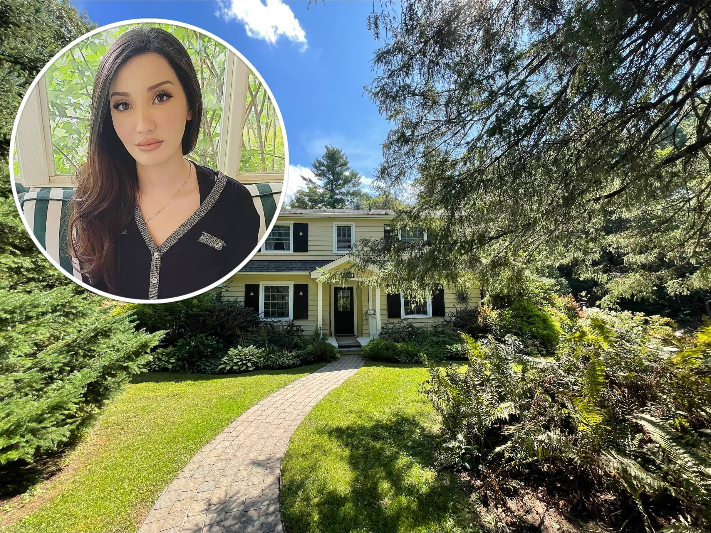 Portrait de l'influenceuse québécoise Lauren Chen, qui aurait été payée par des agents pro-Kremlin. En arrière-plan, son ancienne maison à Hudson où elle habiterait.