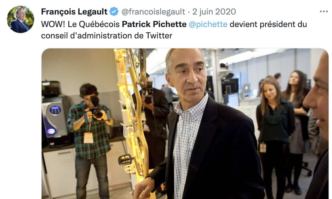 Patrick Pichette avait été félicité par le premier ministre François Legault, sur Twitter, pour sa nomination.